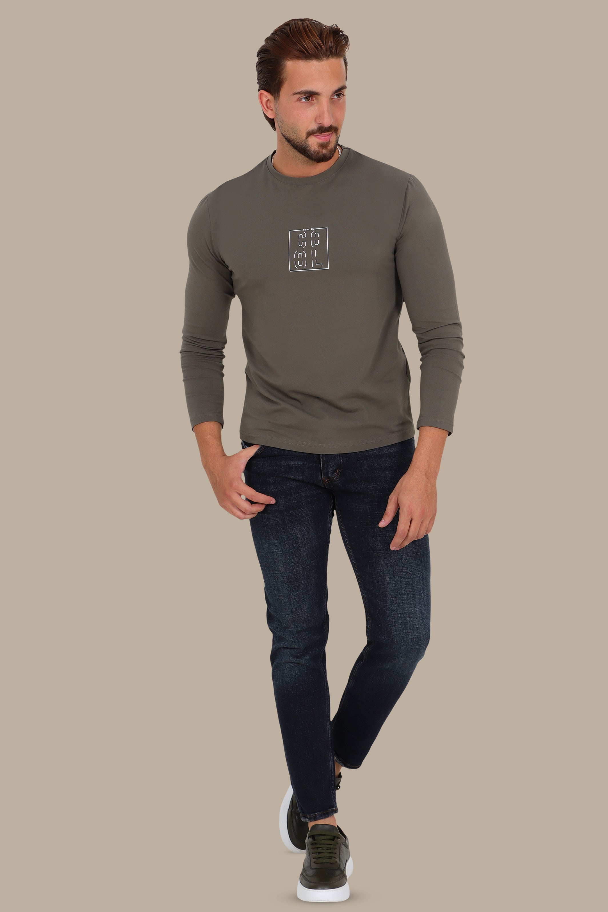 Khaki “Just Be Cool” Printed Long Sleeve