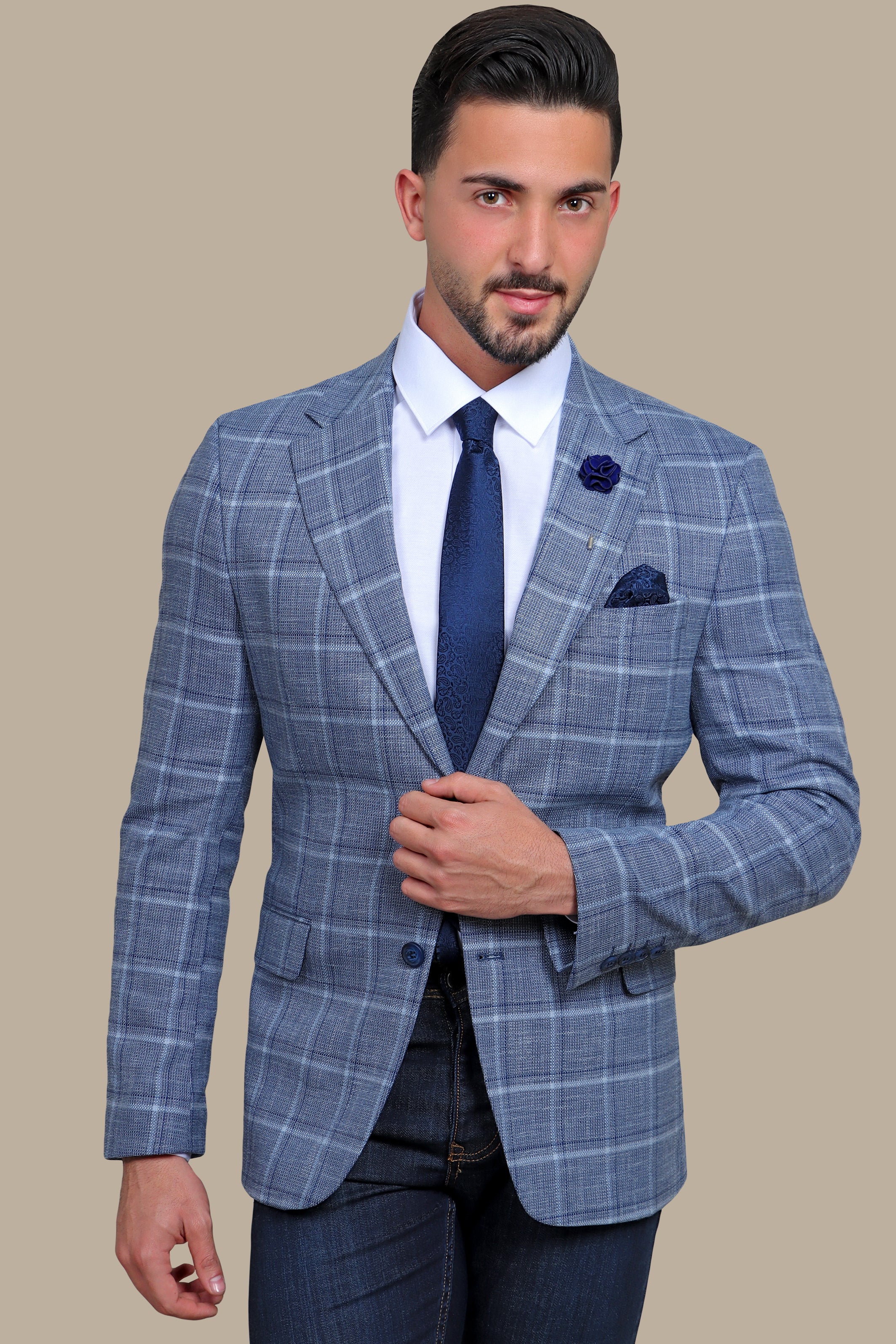 Blue Big Checked Blazer with Notch Lapel