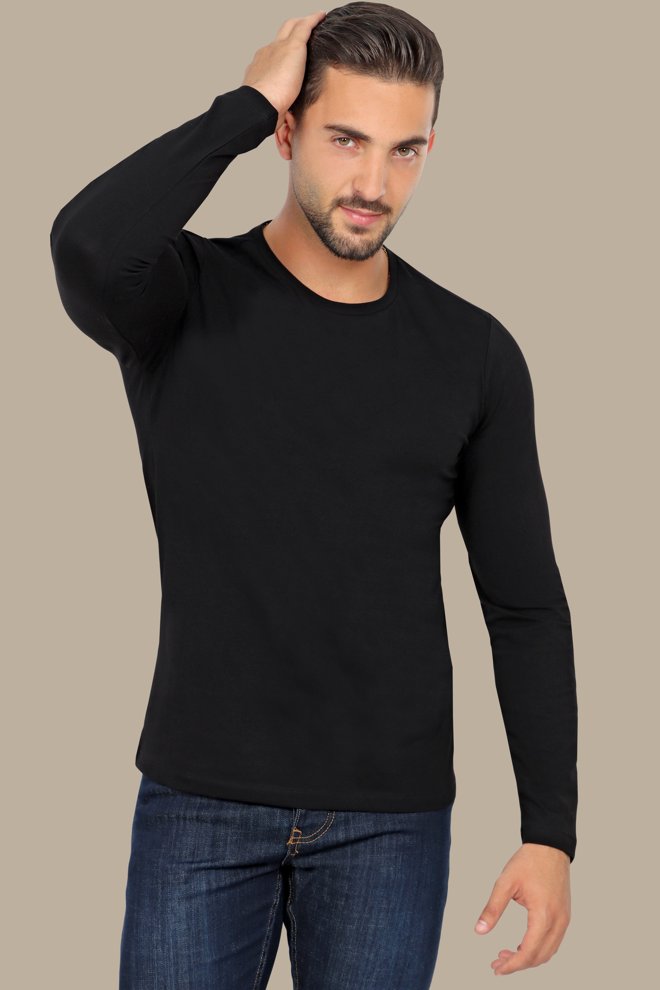 Black Basic Long Sleeve Top with Round Neck