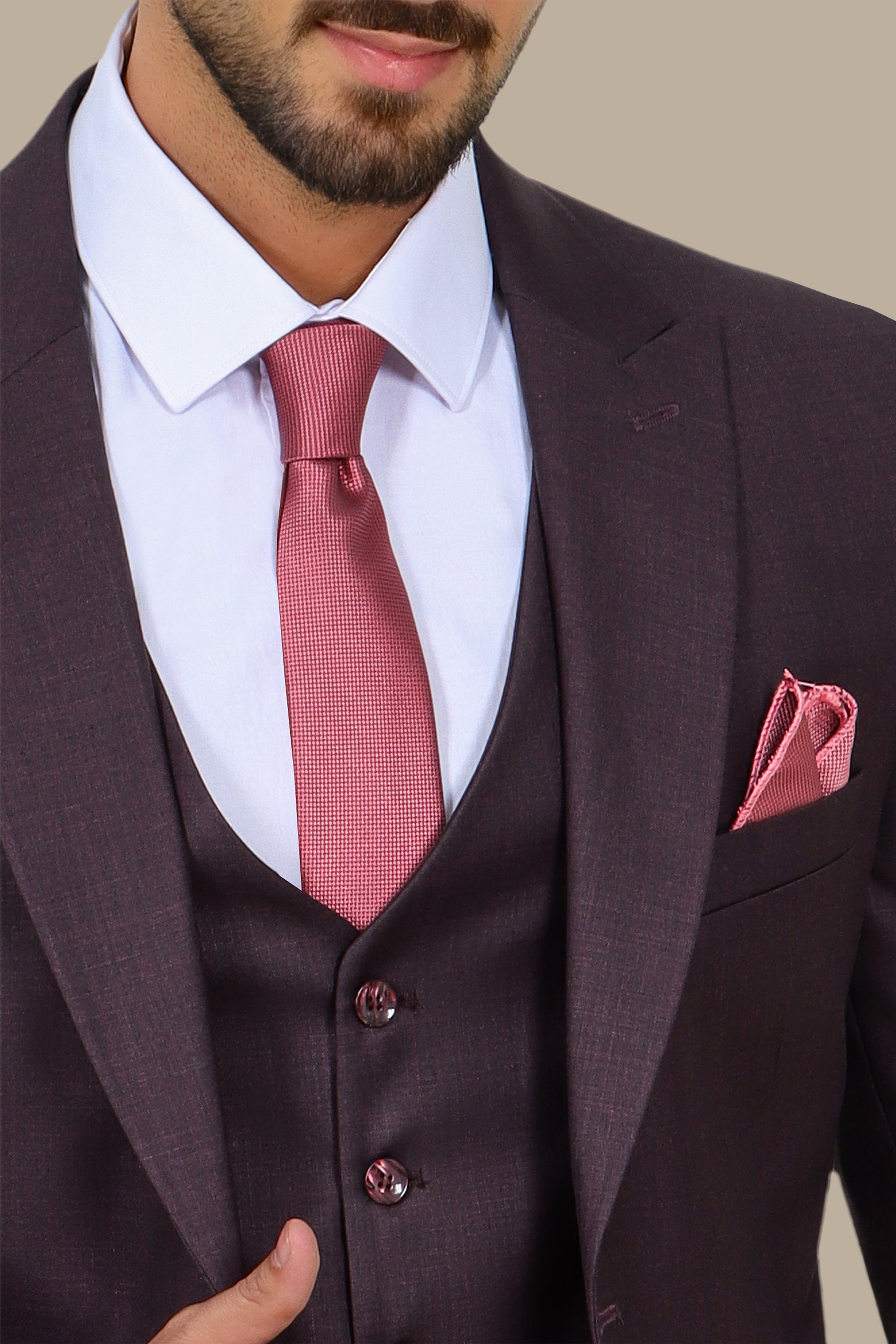 Burgundy 3-Piece Fil à Fil Peak Lapel Suit