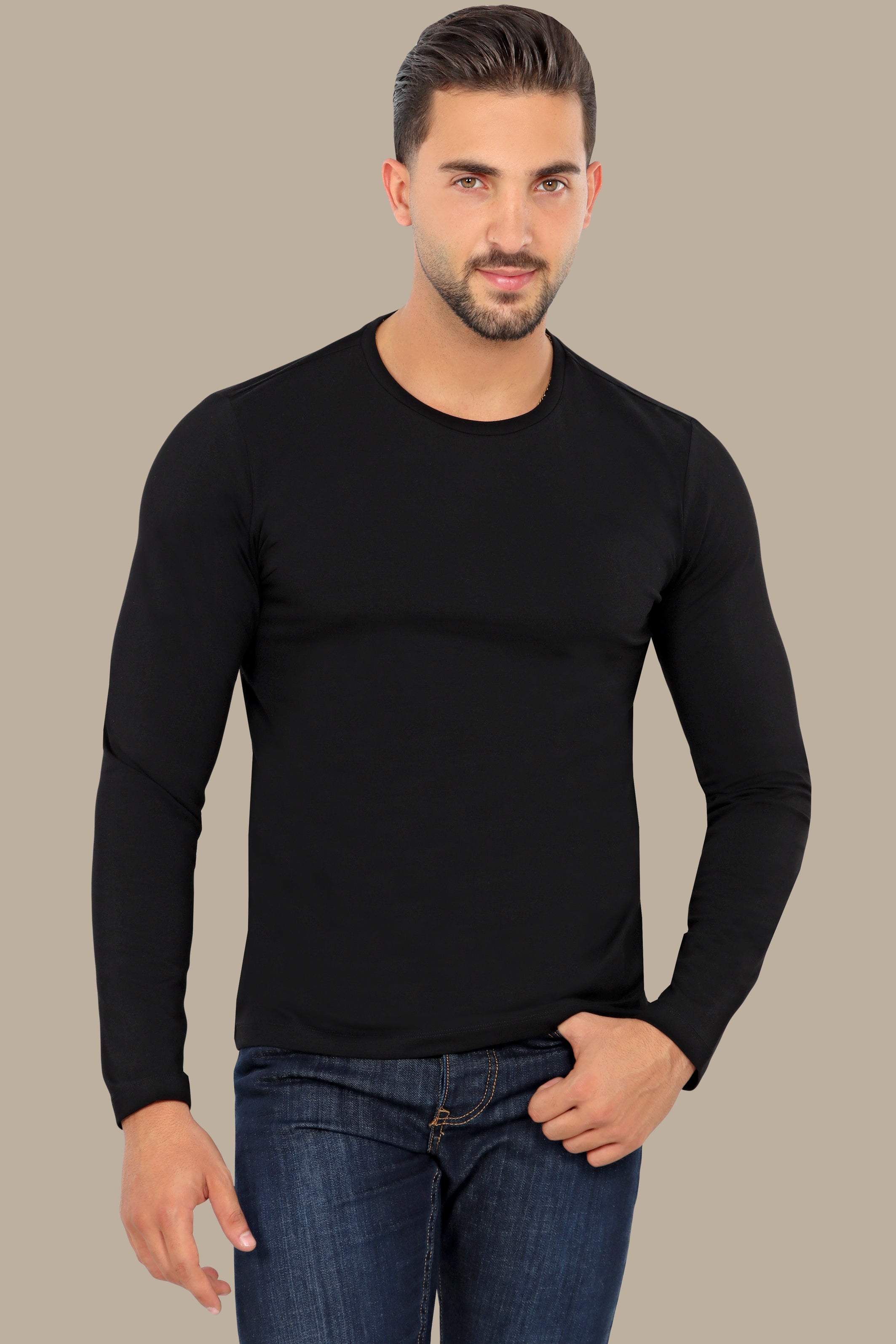 Black Basic Long Sleeve Top with Round Neck