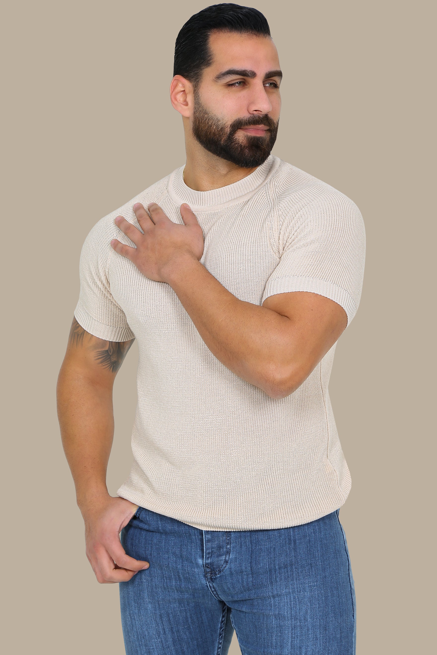 Beige Bliss: Knitted Round Neck T-Shirt