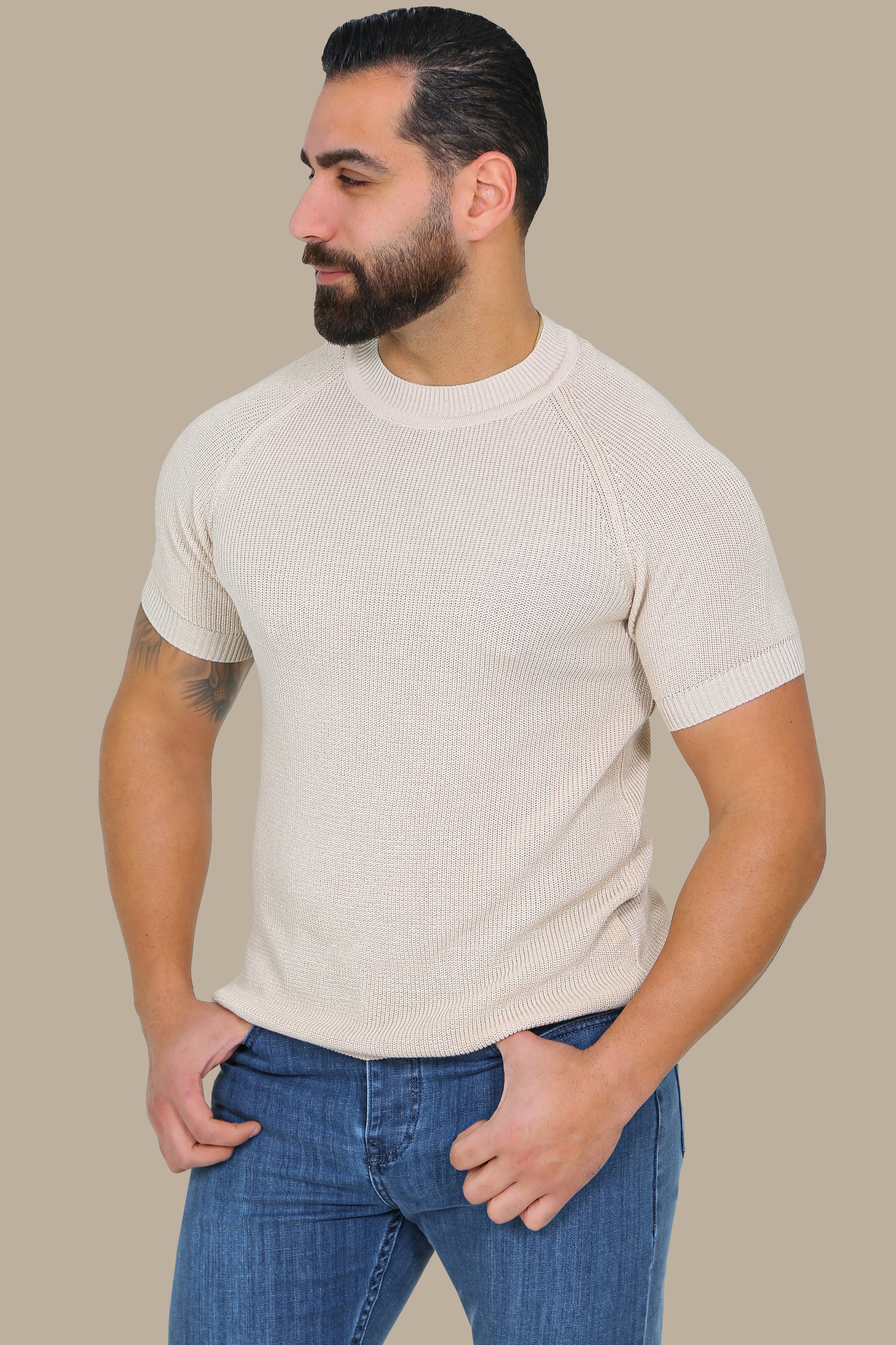 Beige Bliss: Knitted Round Neck T-Shirt