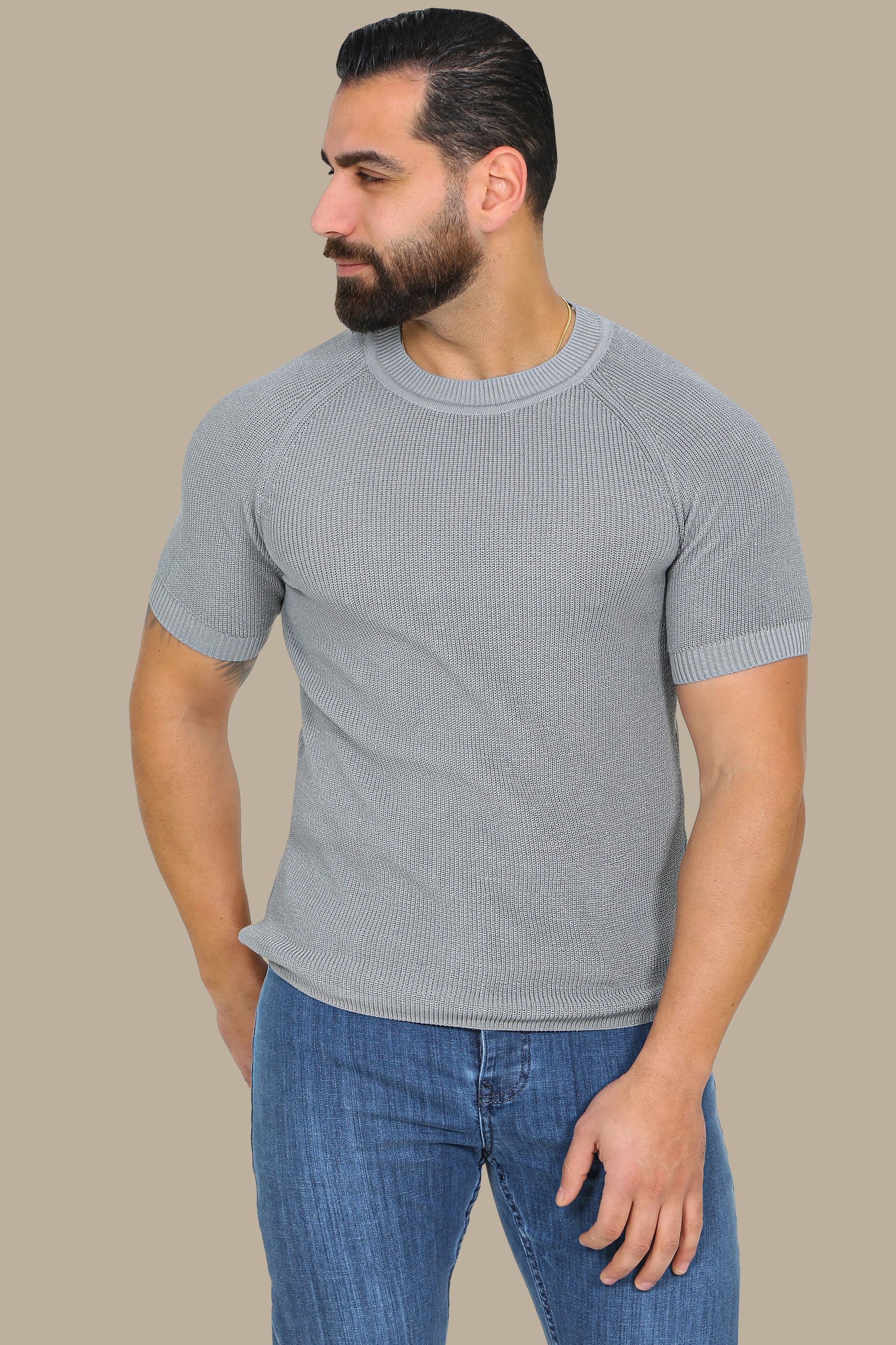 Essential Elegance: Grey Knitted Round Neck T-Shirt