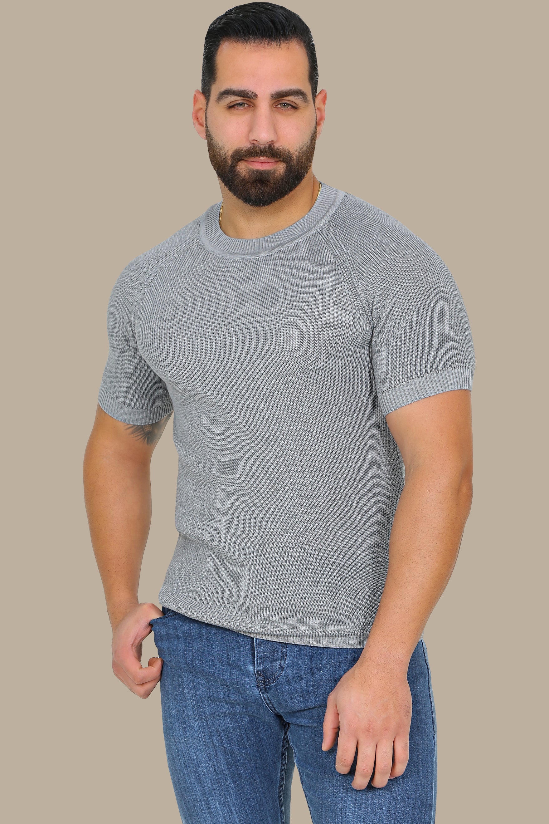 Essential Elegance: Grey Knitted Round Neck T-Shirt