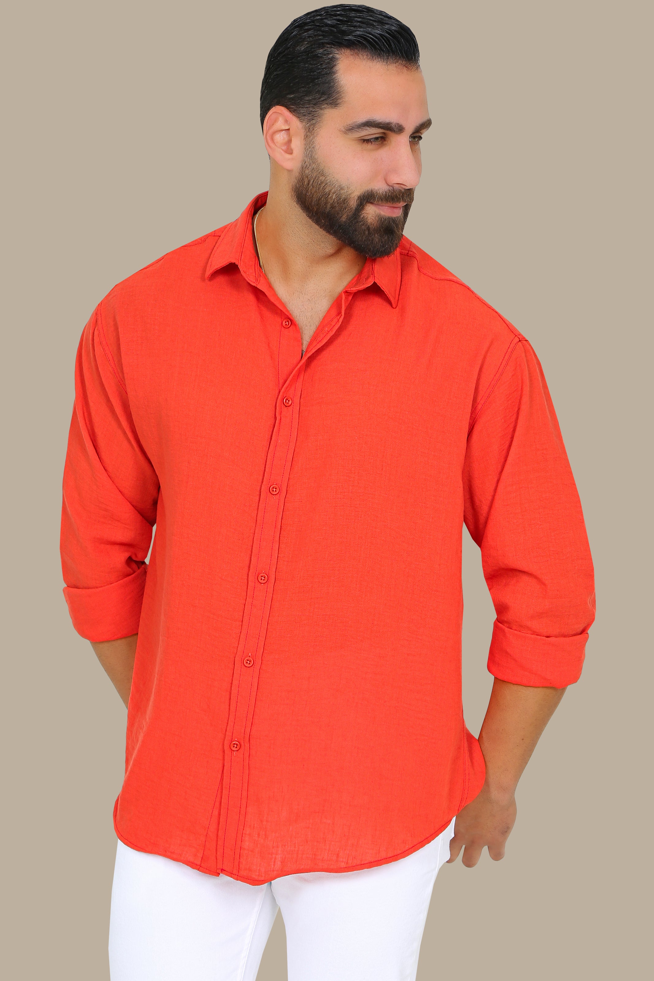 Coral Comfort: Long Sleeve Plain Linen Shirt