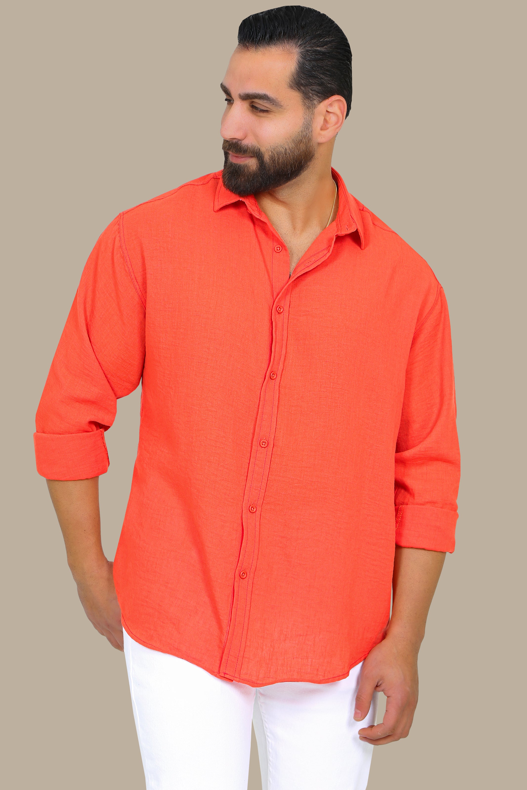 Coral Comfort: Long Sleeve Plain Linen Shirt