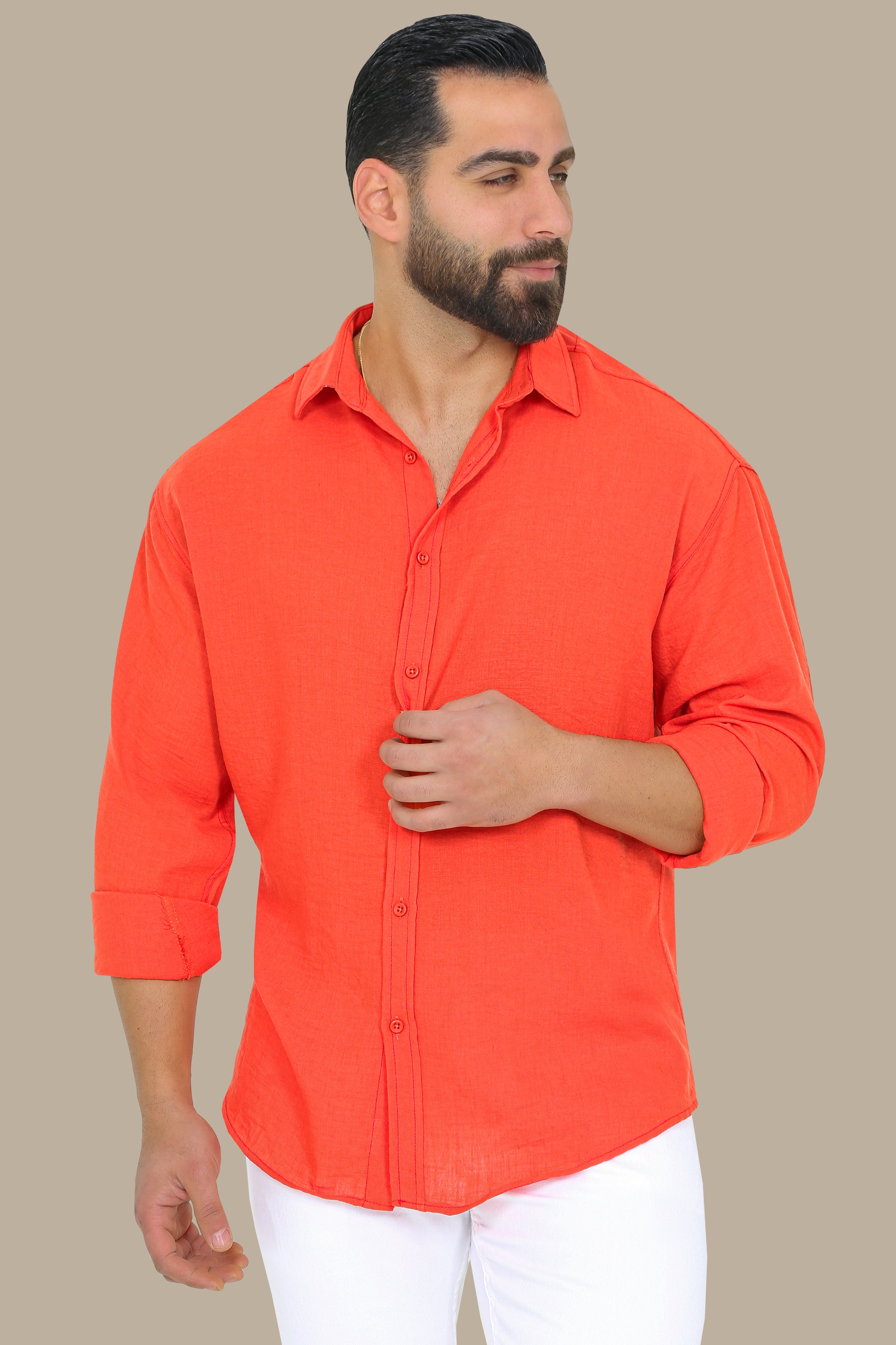 Coral Comfort: Long Sleeve Plain Linen Shirt