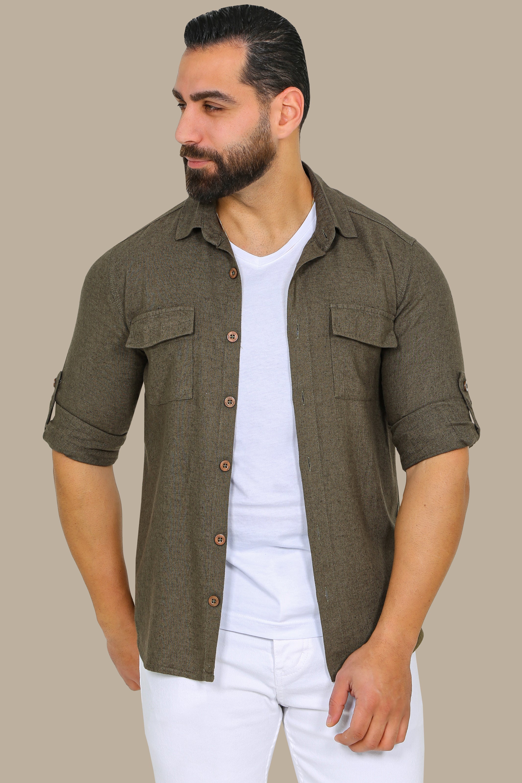 Khaki Linen Shirt with Flap Pockets