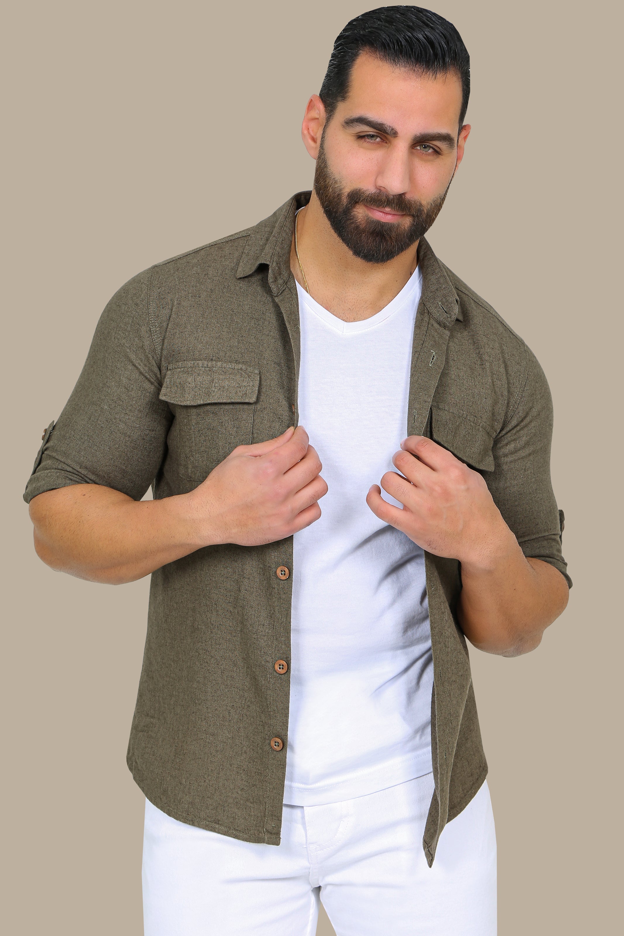 Khaki Linen Shirt with Flap Pockets