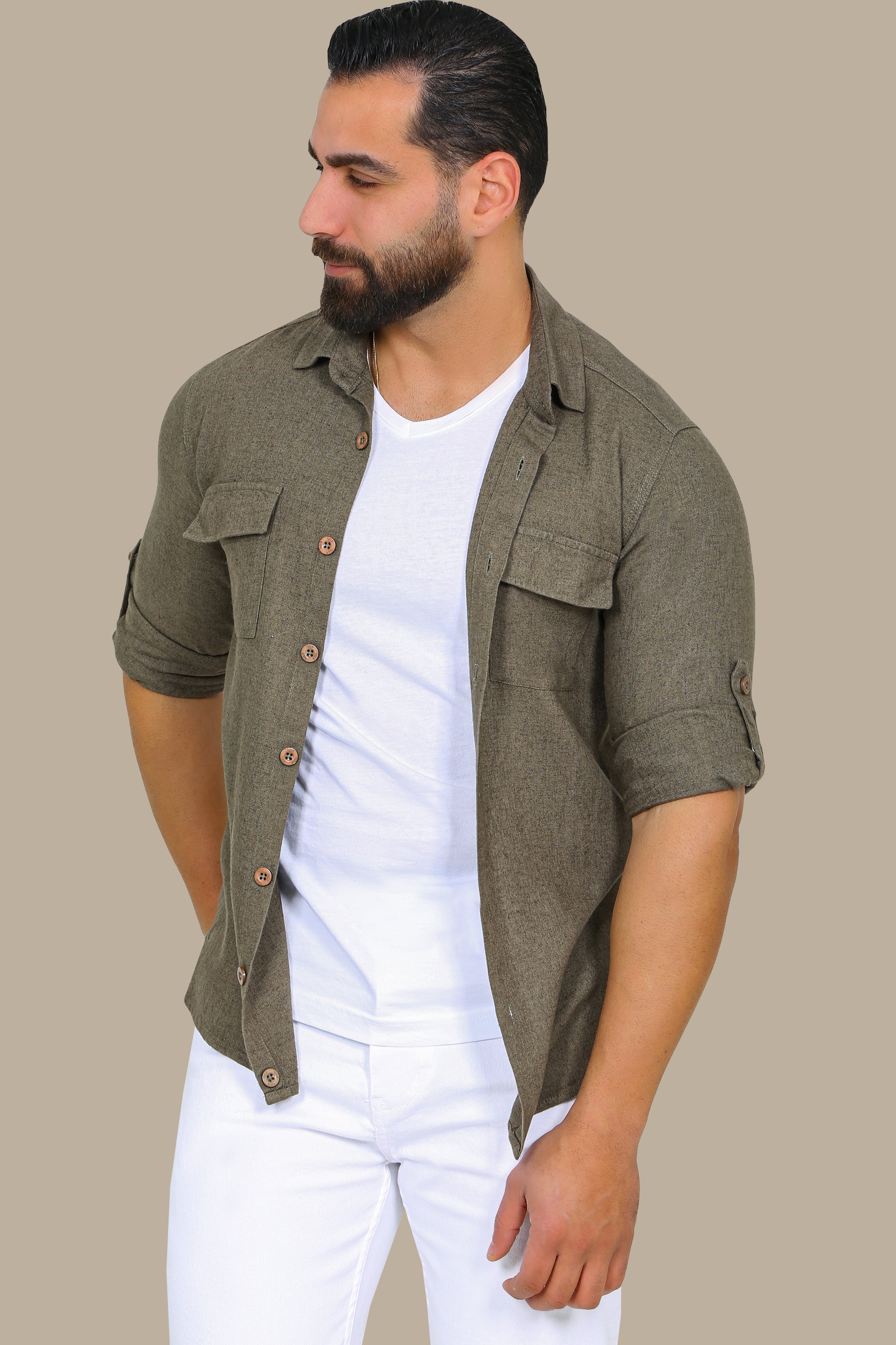 Khaki Linen Shirt with Flap Pockets