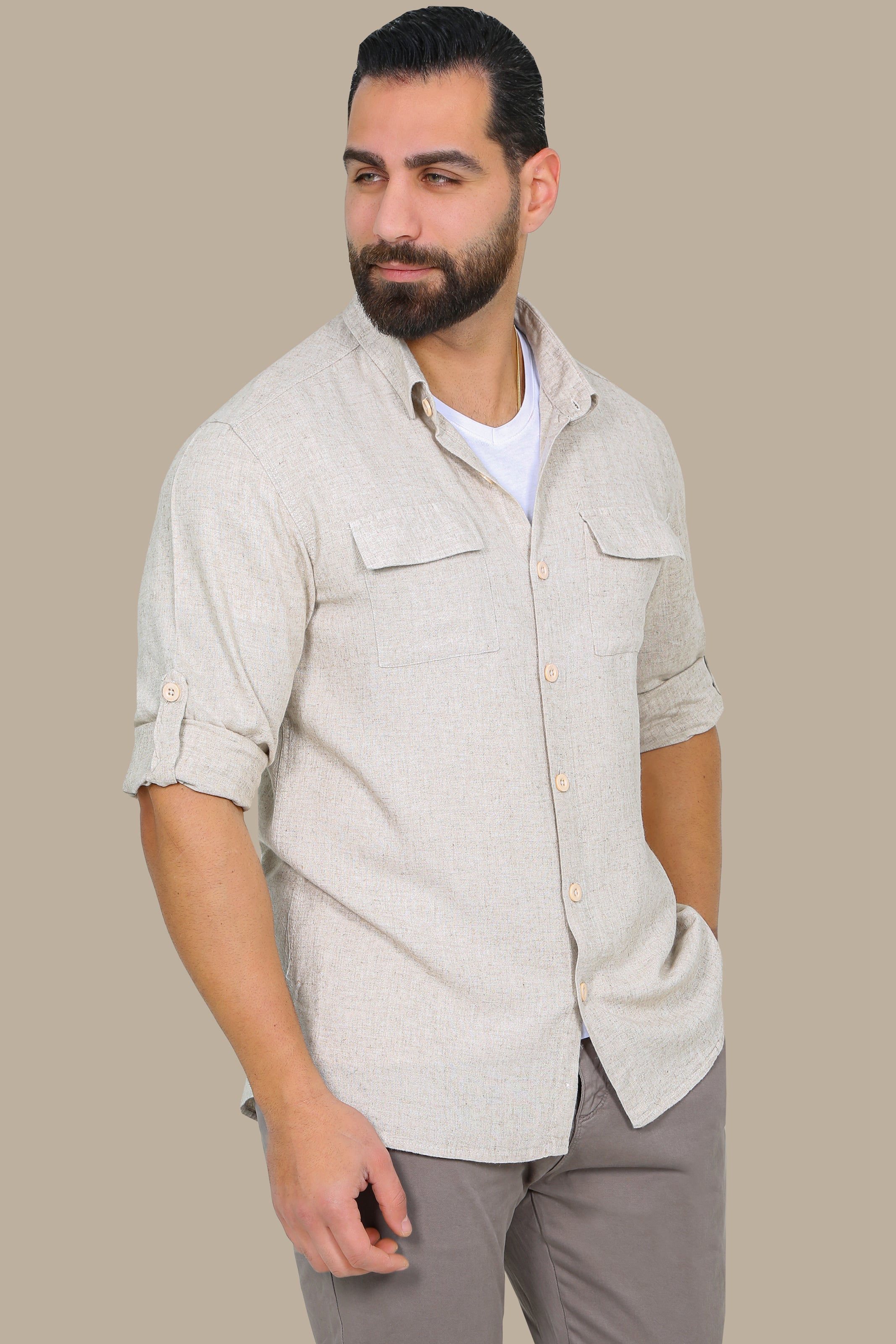 Classic Beige Linen Shirt with Flap Pockets