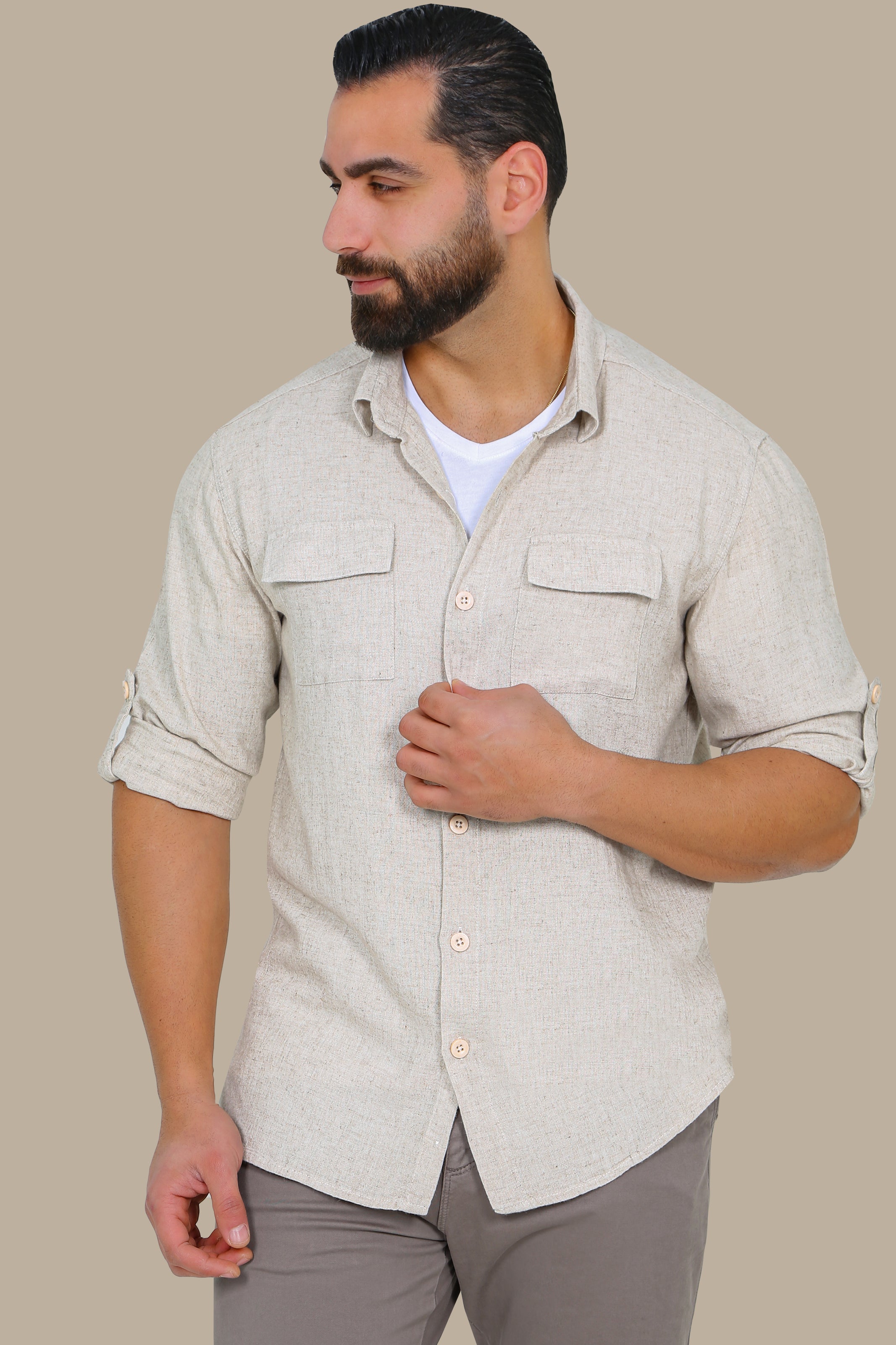 Classic Beige Linen Shirt with Flap Pockets