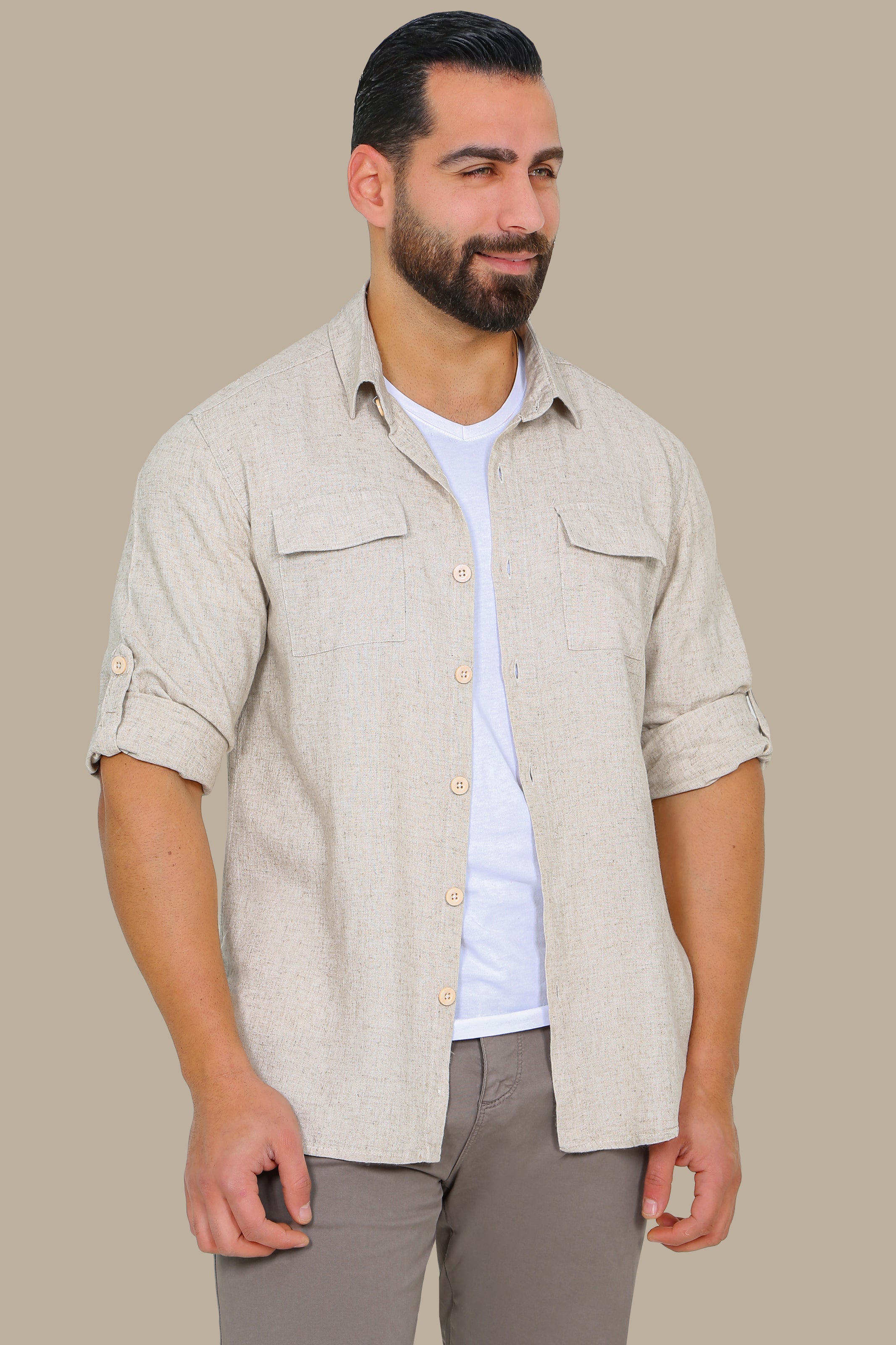 Classic Beige Linen Shirt with Flap Pockets