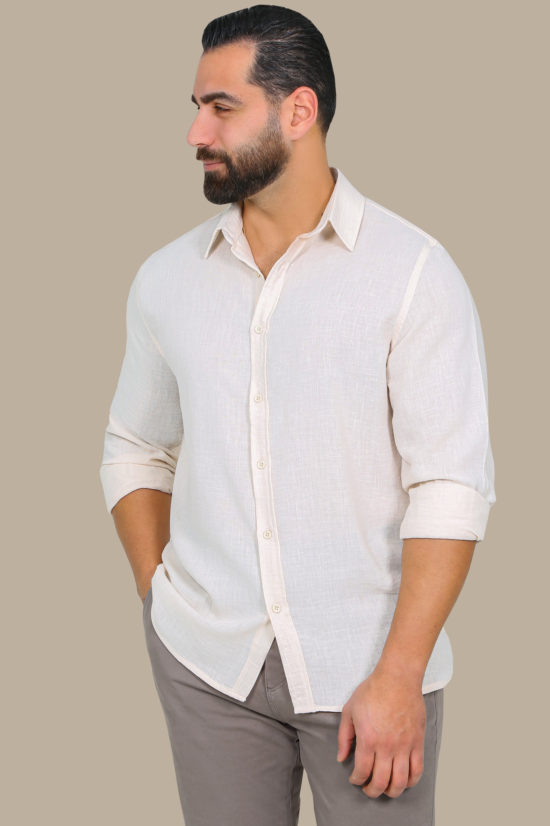 Timeless Comfort: Beige Linen Long Sleeve Shirt