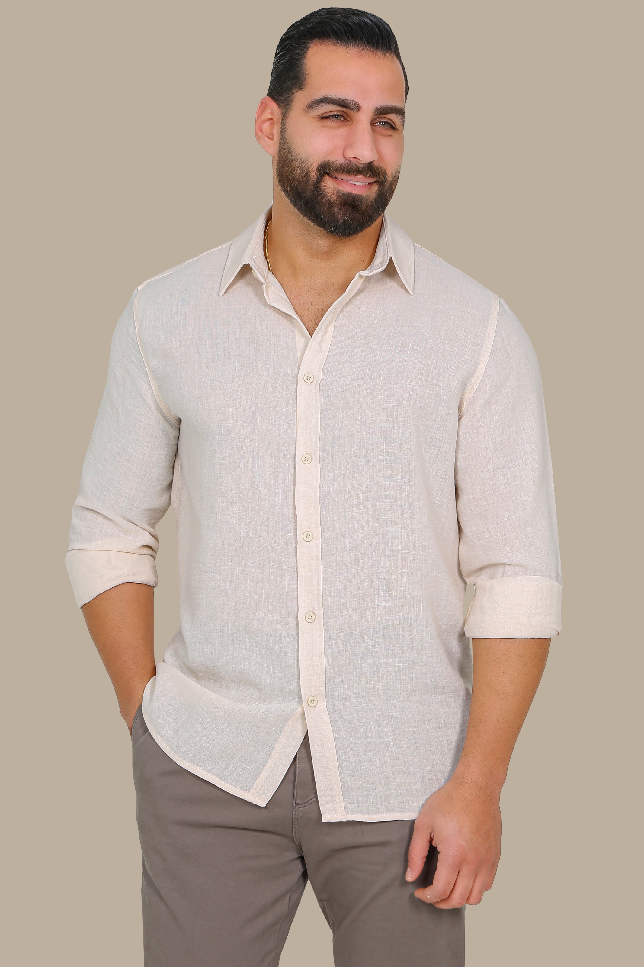 Timeless Comfort: Beige Linen Long Sleeve Shirt