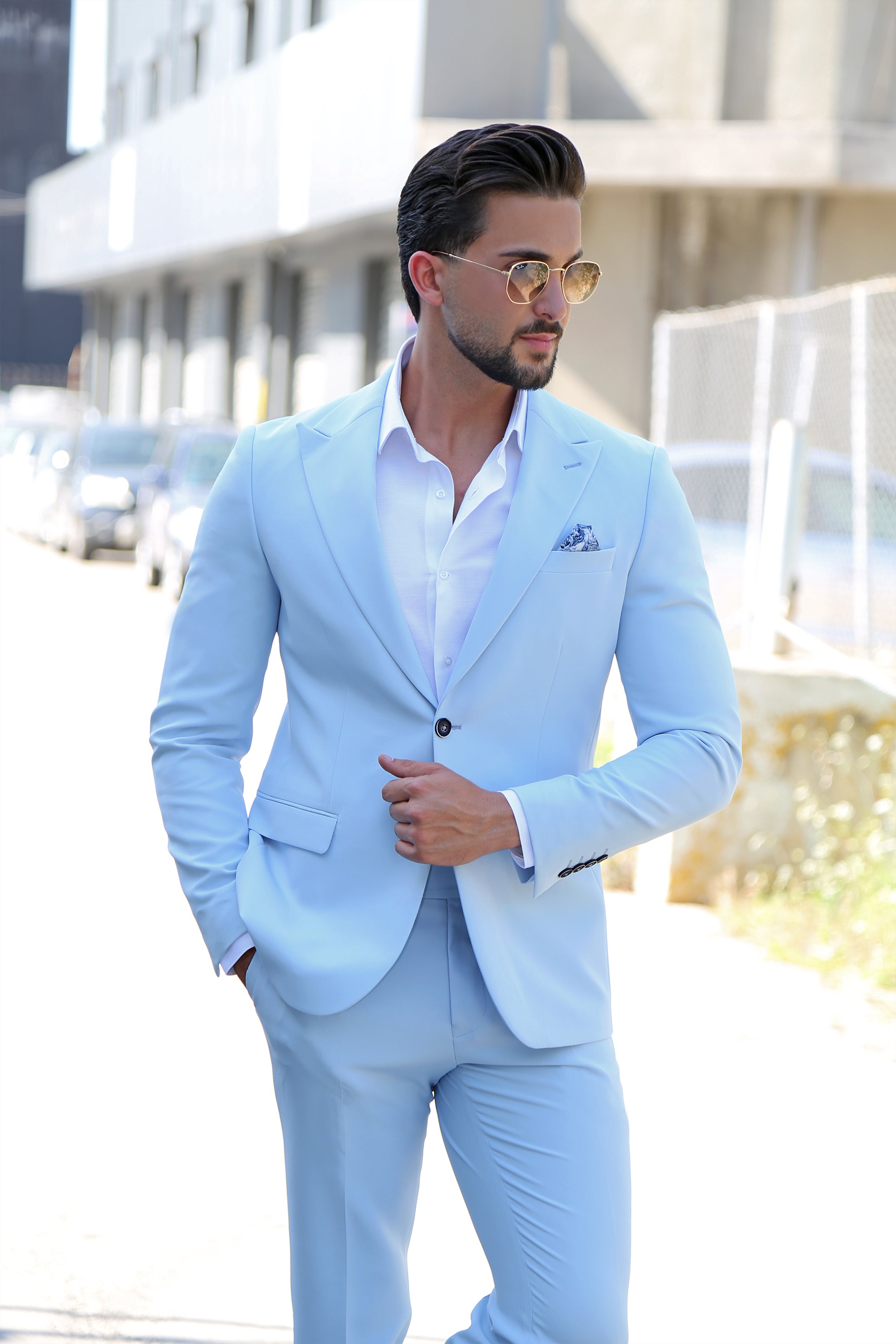 Skyline Chic: Light Blue Peak Lapel Suit with Side Belt Pants