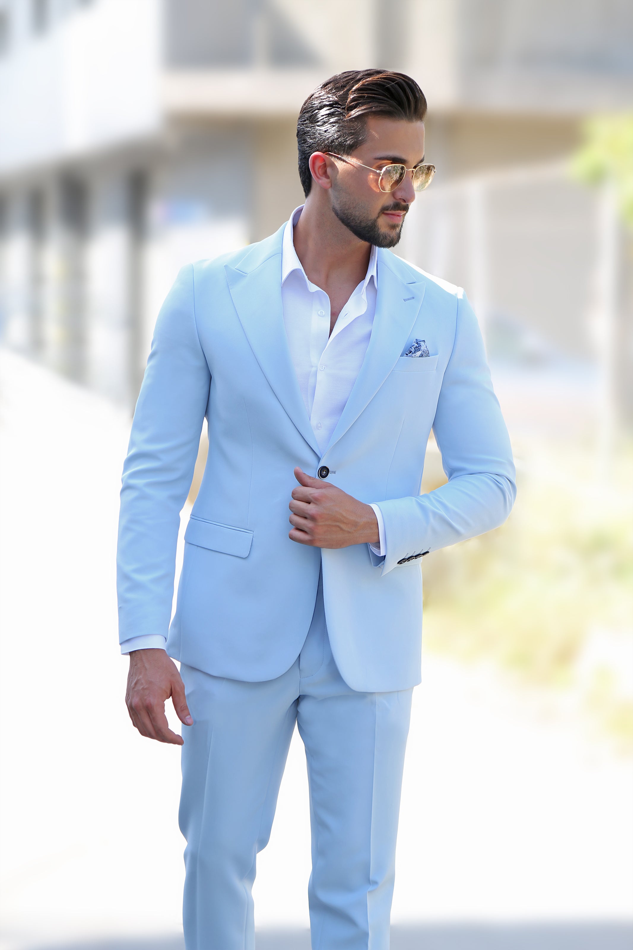 Skyline Chic: Light Blue Peak Lapel Suit with Side Belt Pants