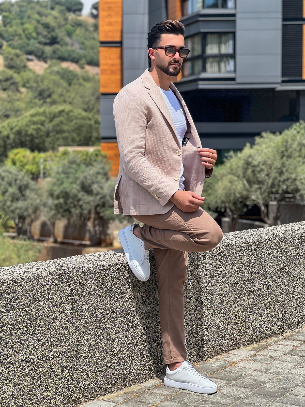 Beige Linen Blazer with Notch Lapel