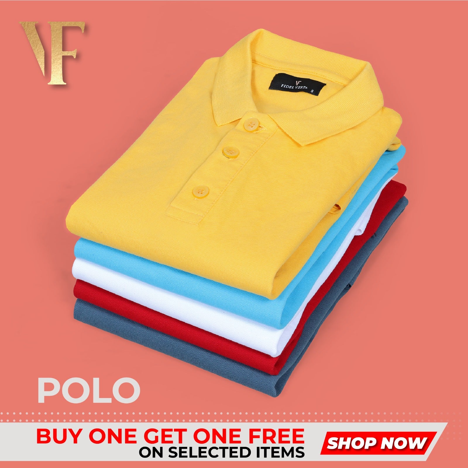 5 Stacks of polo colors yellow, light blue, white, red, navy