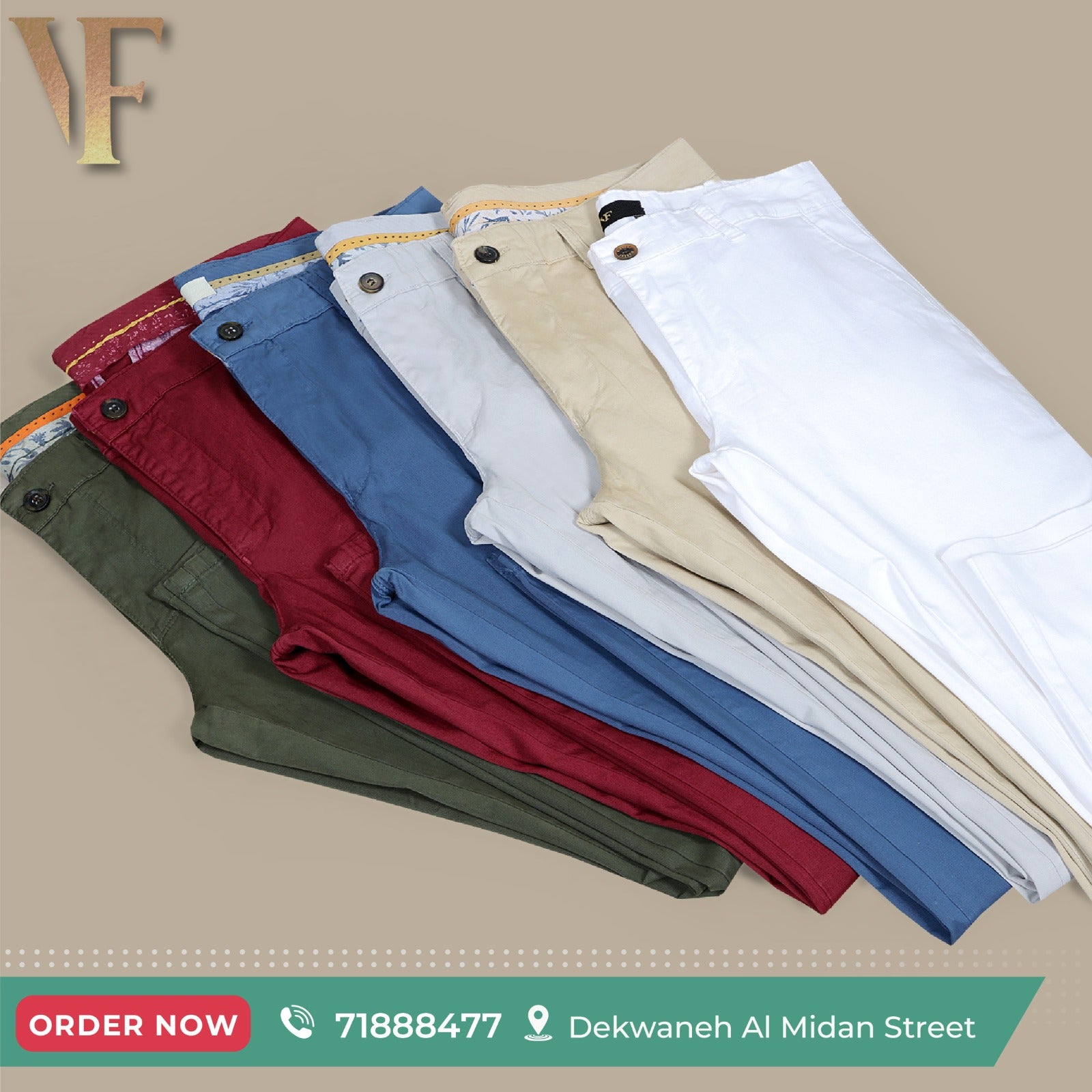 6 Pants colors white, beige, grey, blue, burgundy, dark green