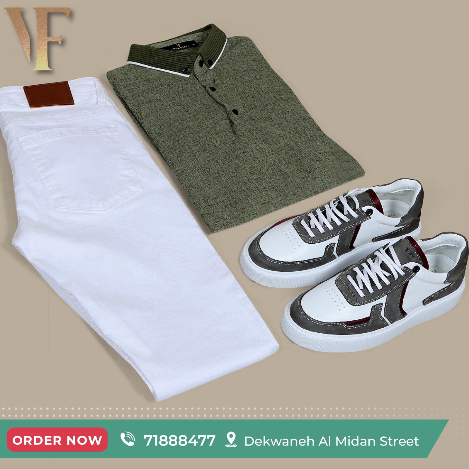 White jeans with olive t-shirt with a sneaker etro grey and bordo