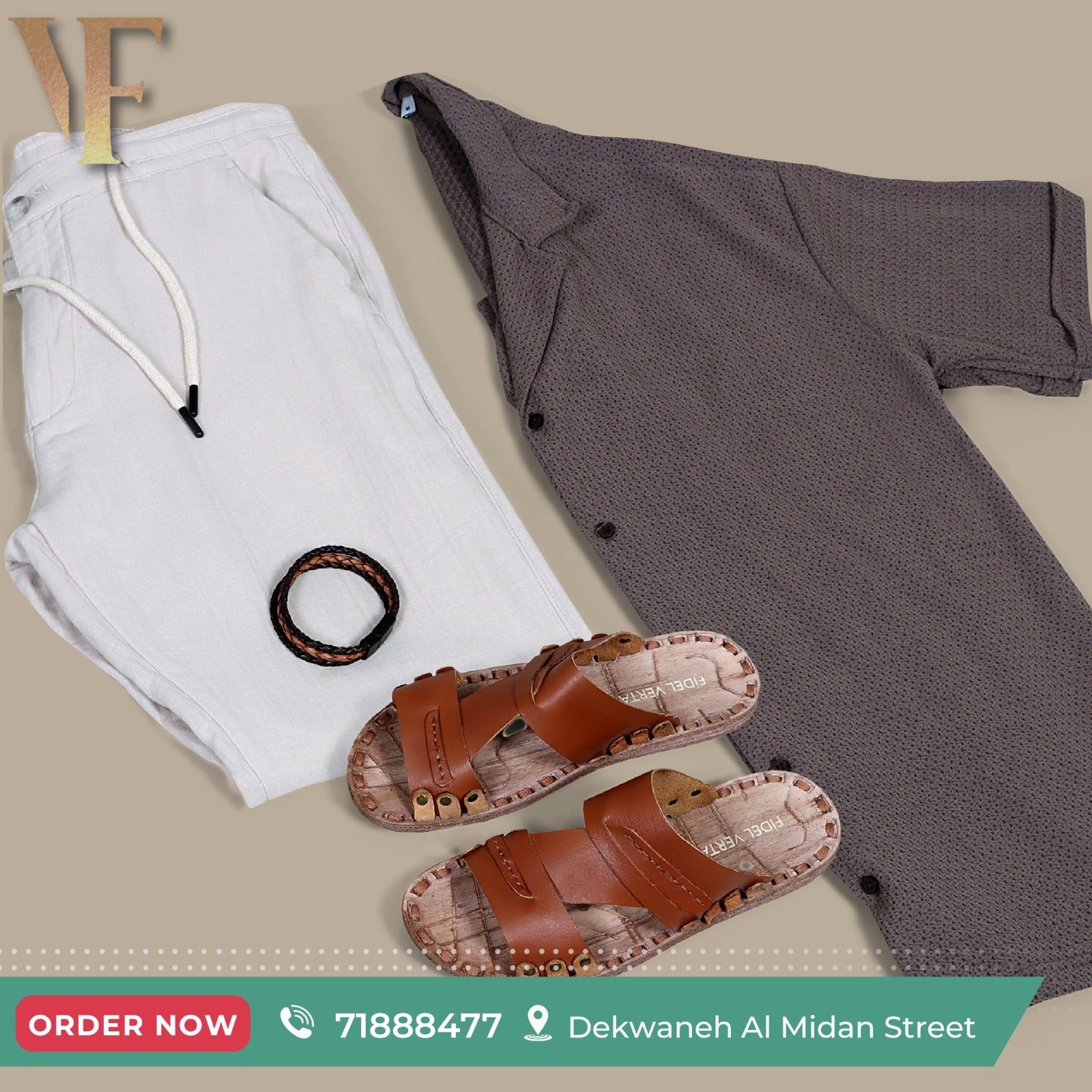 Grey Pant with bracelet on top of it and a brown slipper with a dark grey shirt