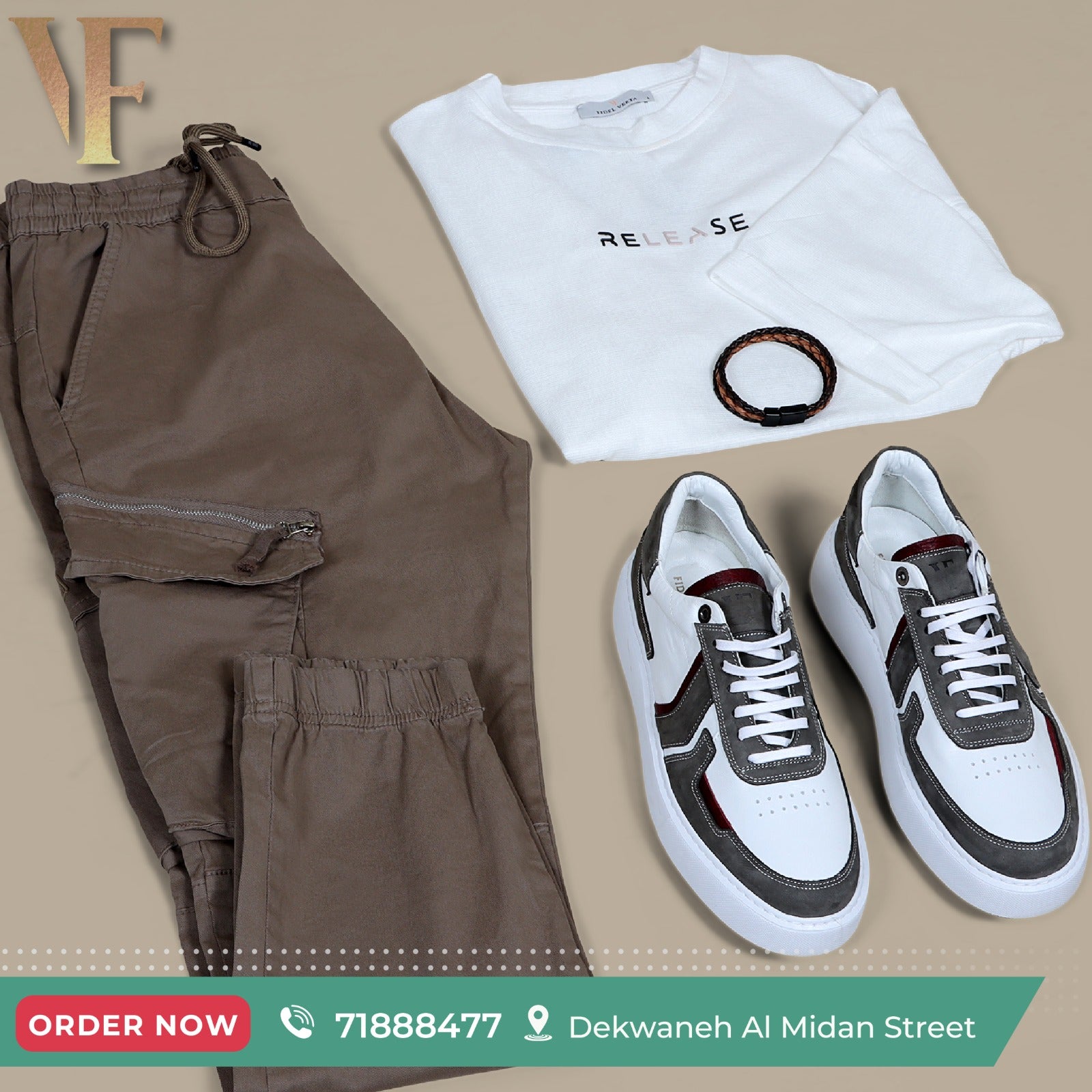 Brown cargo pant with a white t-shirt and a bracelet on top of it with a shoes etro bordo and white