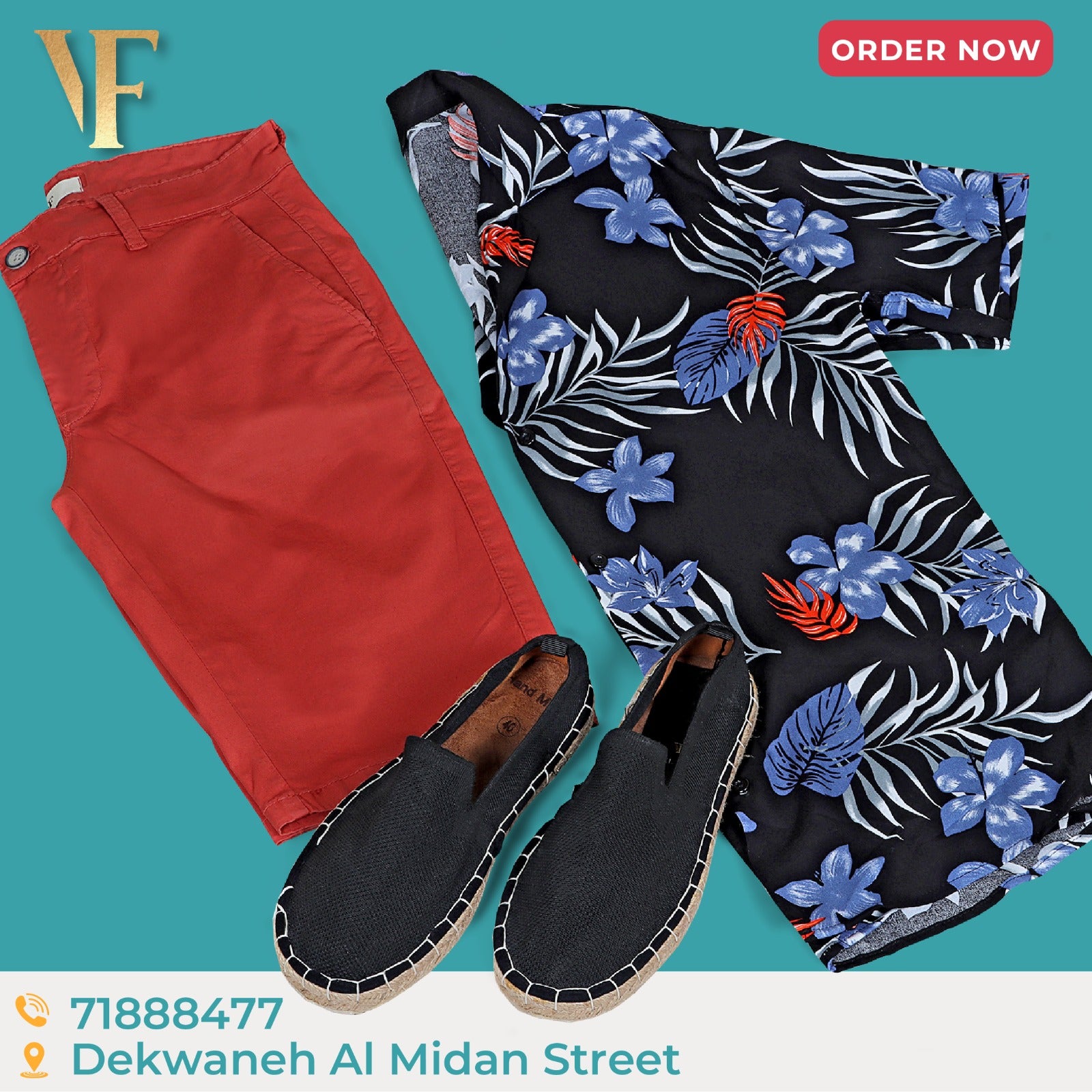 Red short with black loafer jute and a black hawaii shirt printed blue flowers