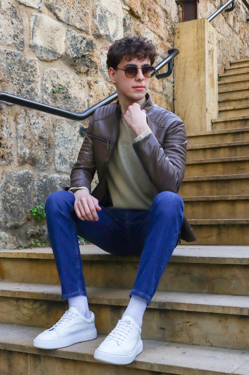 Brown Faux Leather Biker Jacket with 4 Zippers