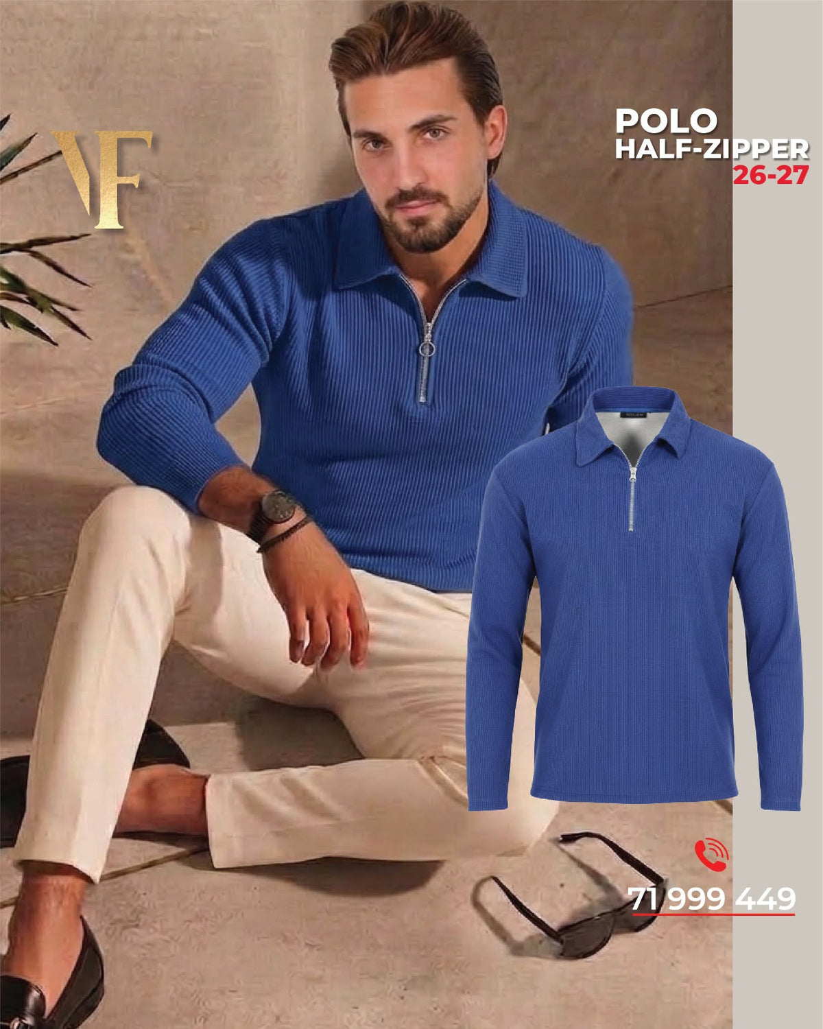 Long Sleeve Zipper Polo in Ribbed Velvet Blue