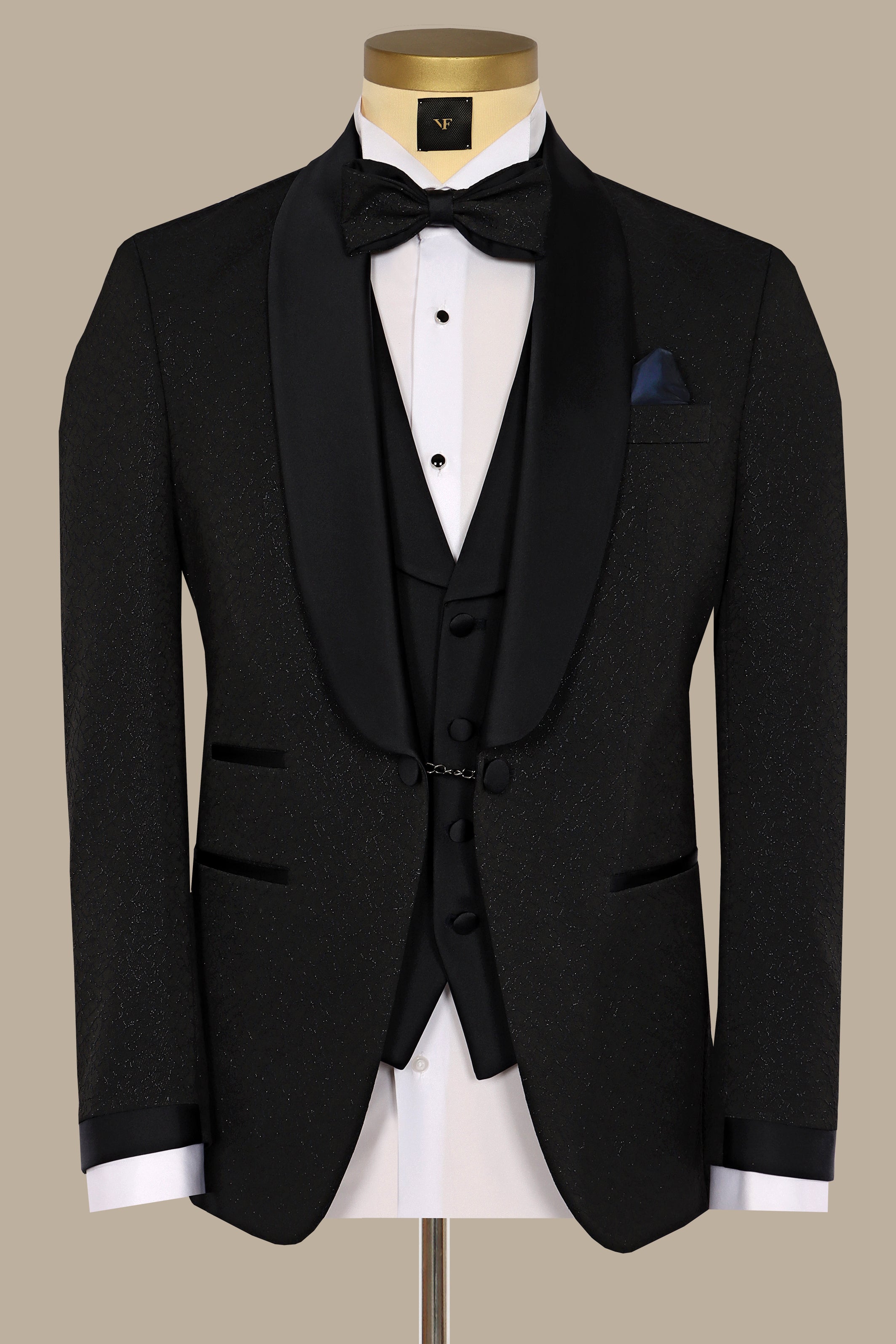 Elegant Ensemble: Black Jacquard Shawl Collar 4-Piece Tuxedo Set