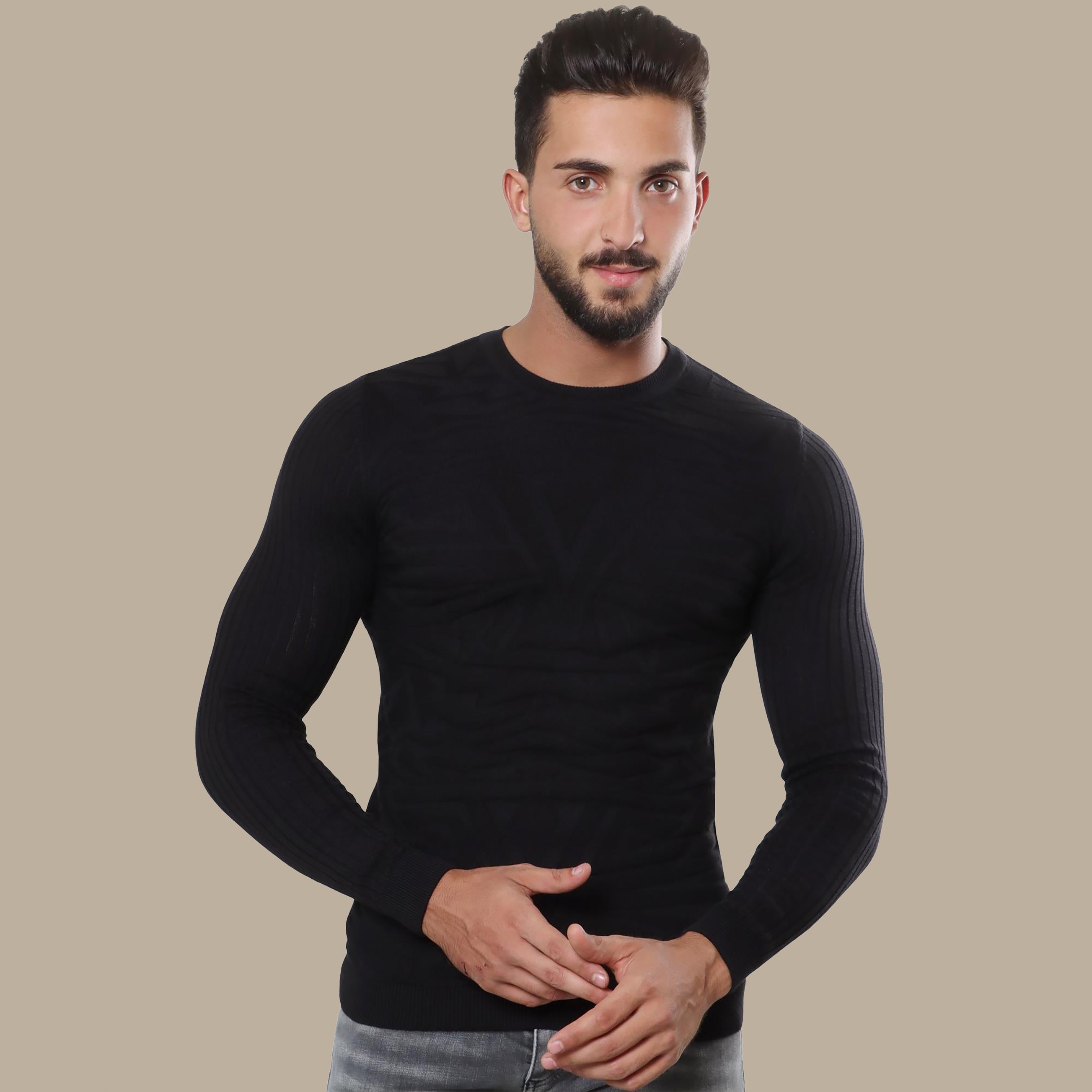 Black Jacquard R-Neck Sweater