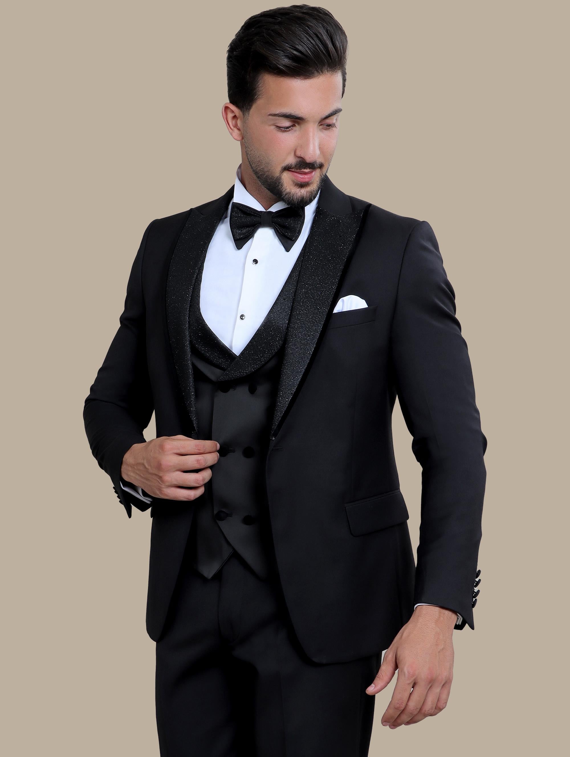 Shine in the Night: Black Tuxedo with Glitter Collar 4-Piece Set