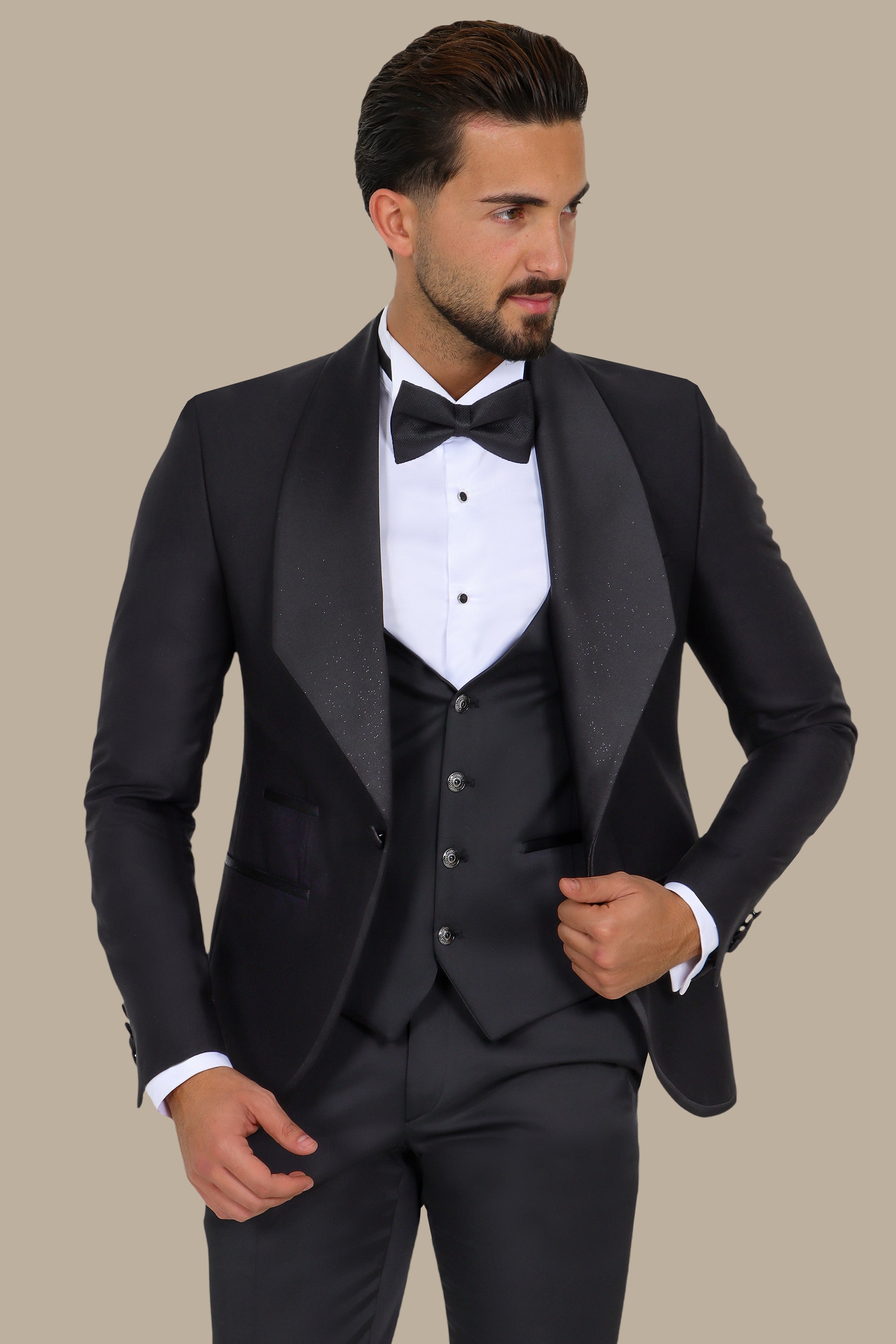 Elegant Glitter Black Collar 3-Piece Tuxedo Suit