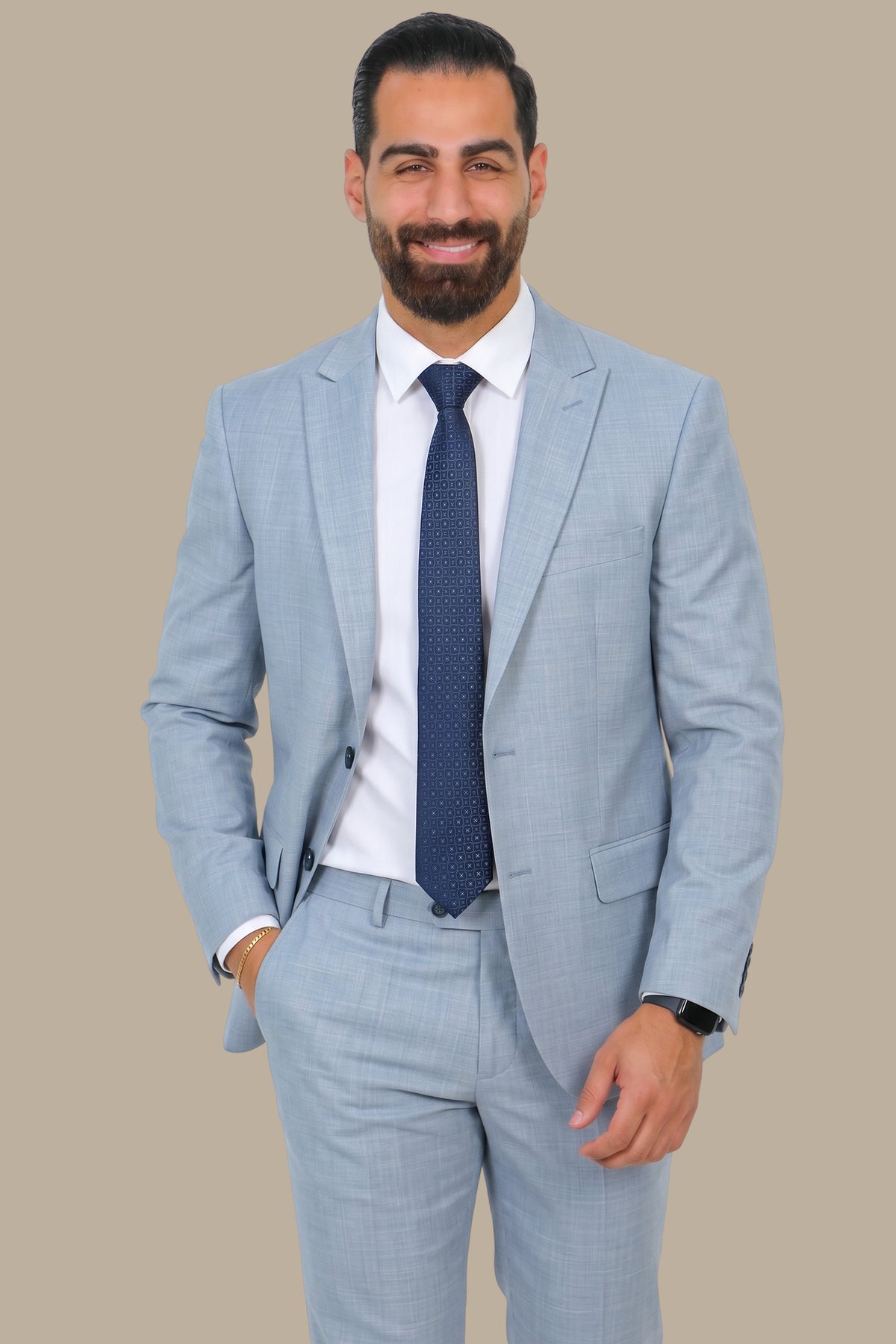 Light Blue Fil-à-Fil Peak Lapel Suit