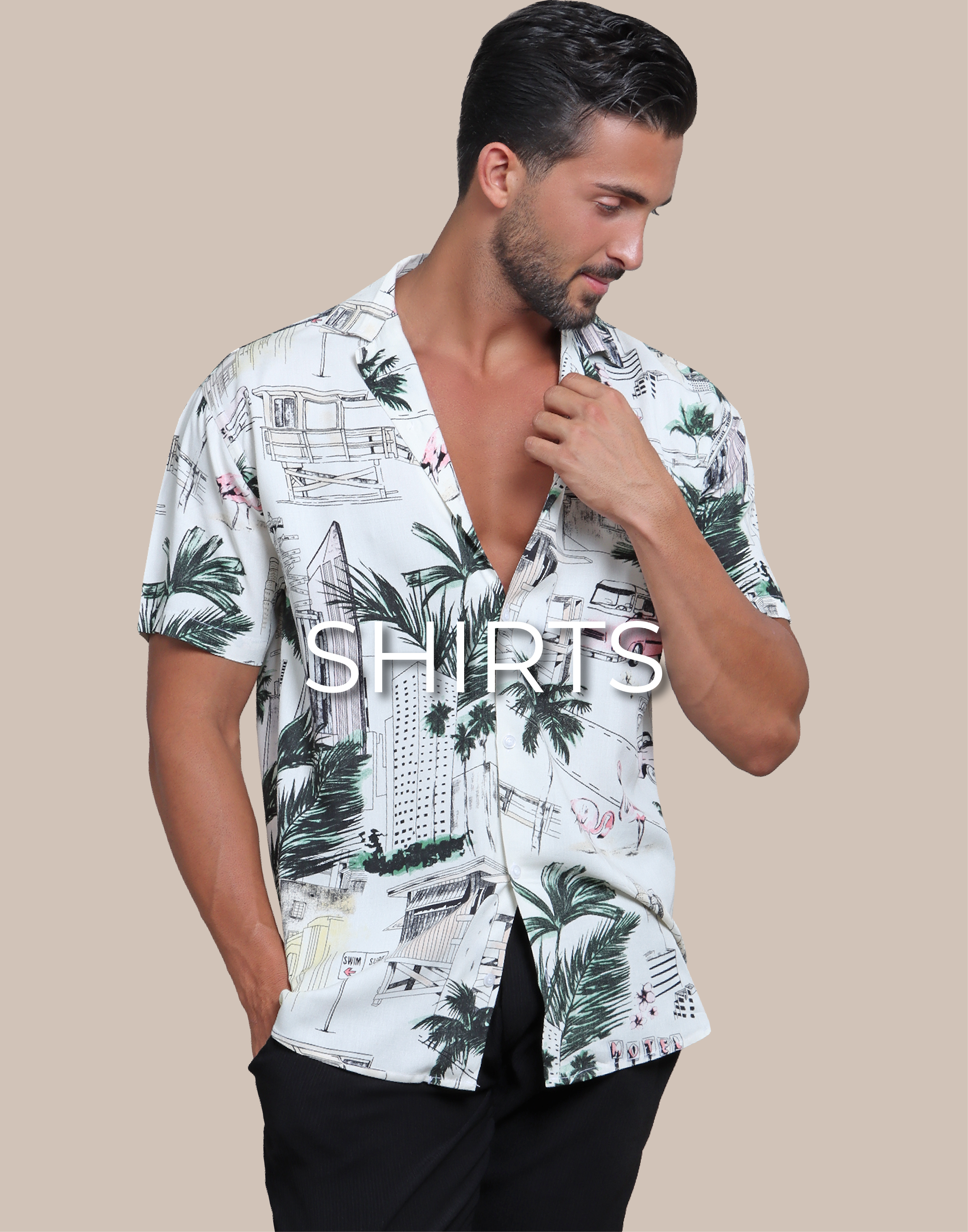  A model is wearing a Hawaiin shirt color white and is written on the image shirts