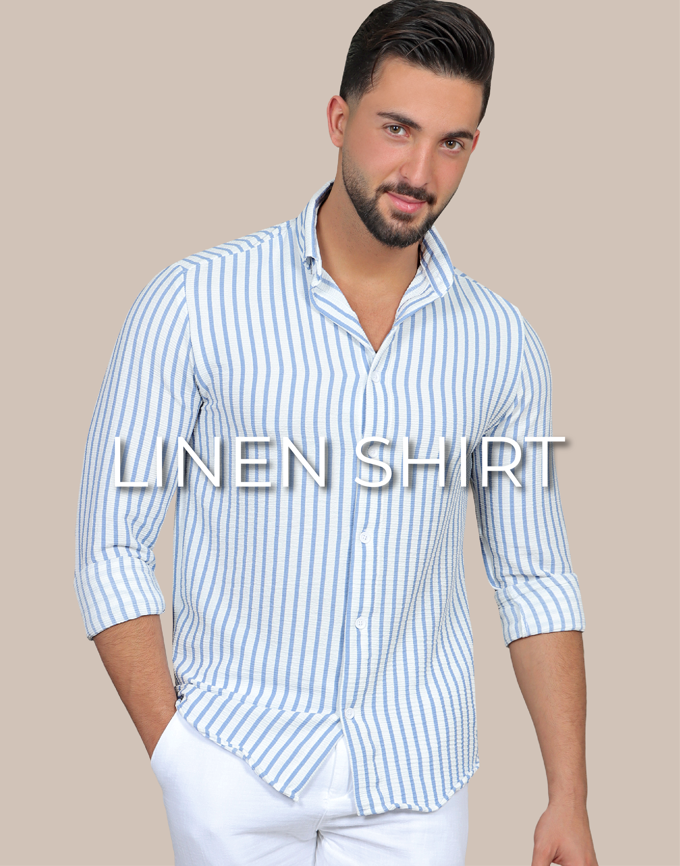 A model wearing a stripe shirt color blue and white and is written on the picture linen shirt