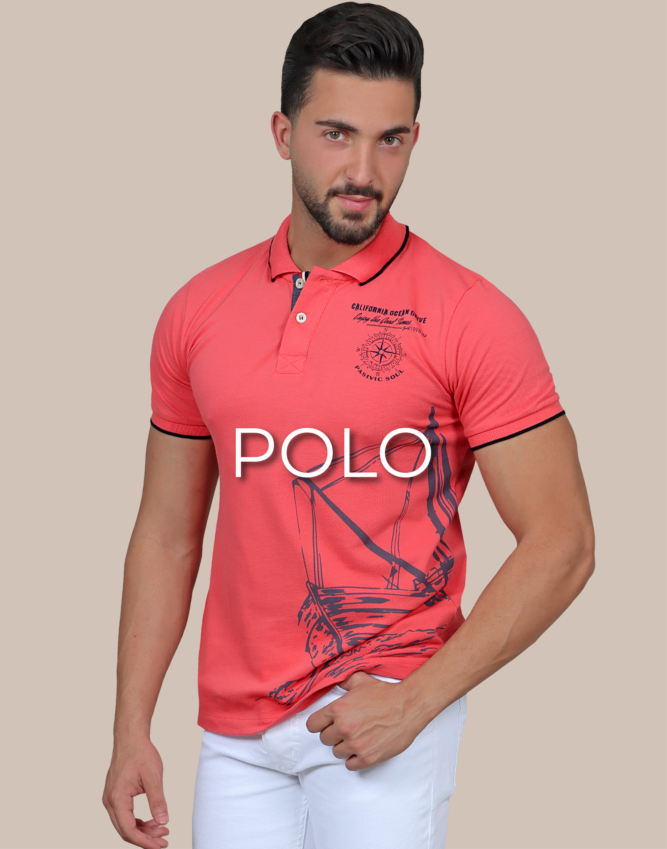 A standing model wearing a coral polo and is written on the photo polo