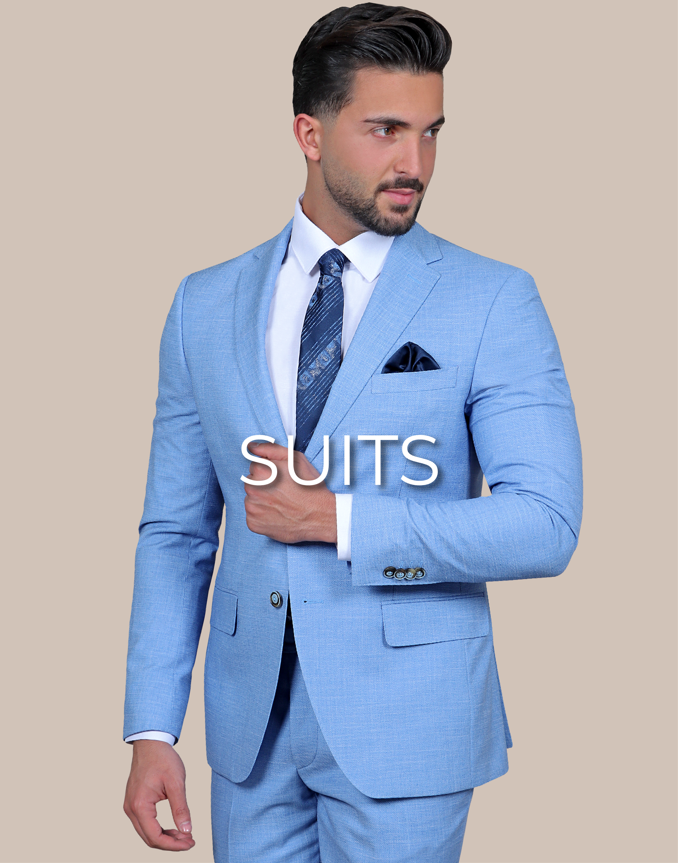 Model Wearing a blue suit with blue tie and a white shirt and is written on the photo suits