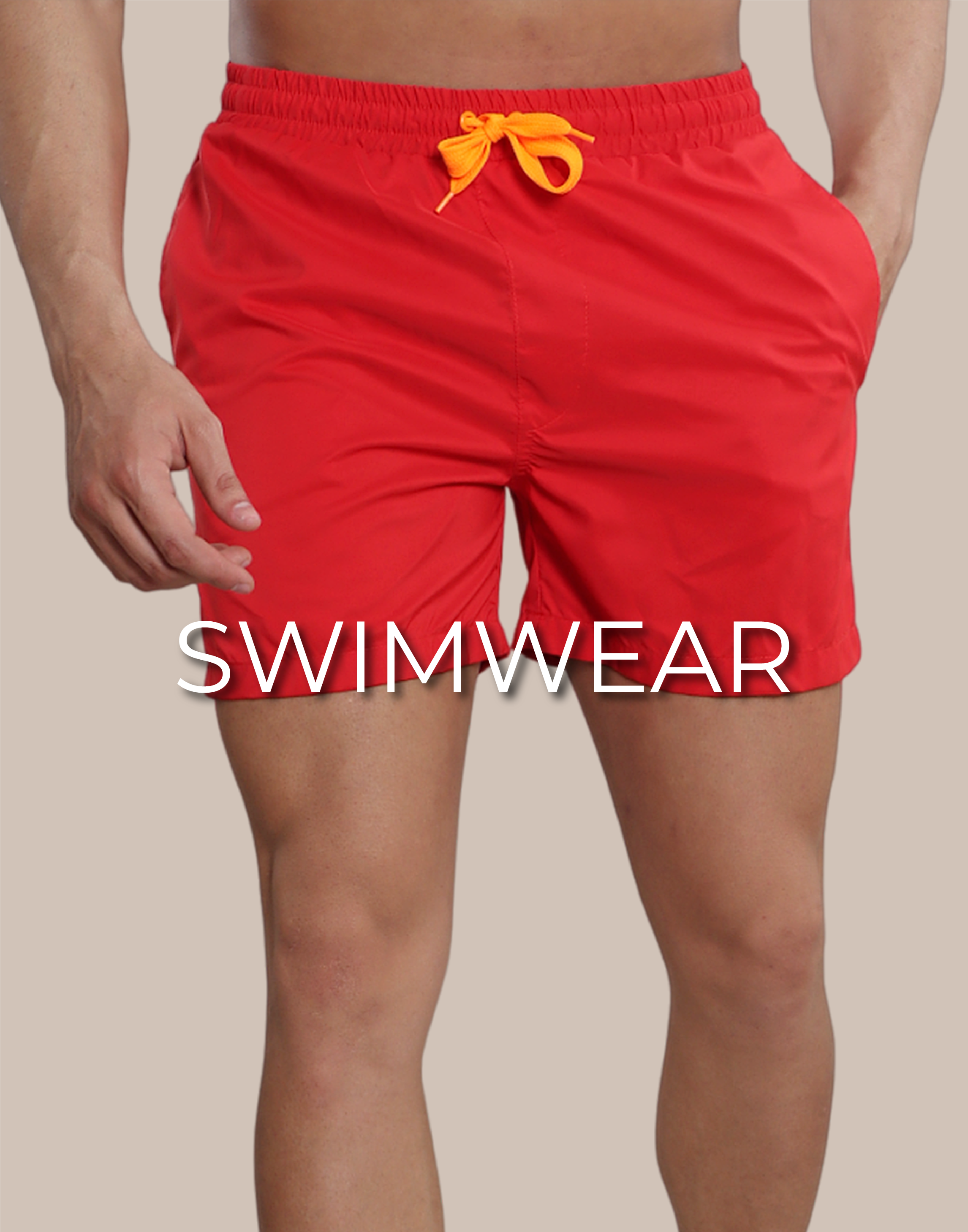 A model is wearing a red swimwear and is written on the image swimwear