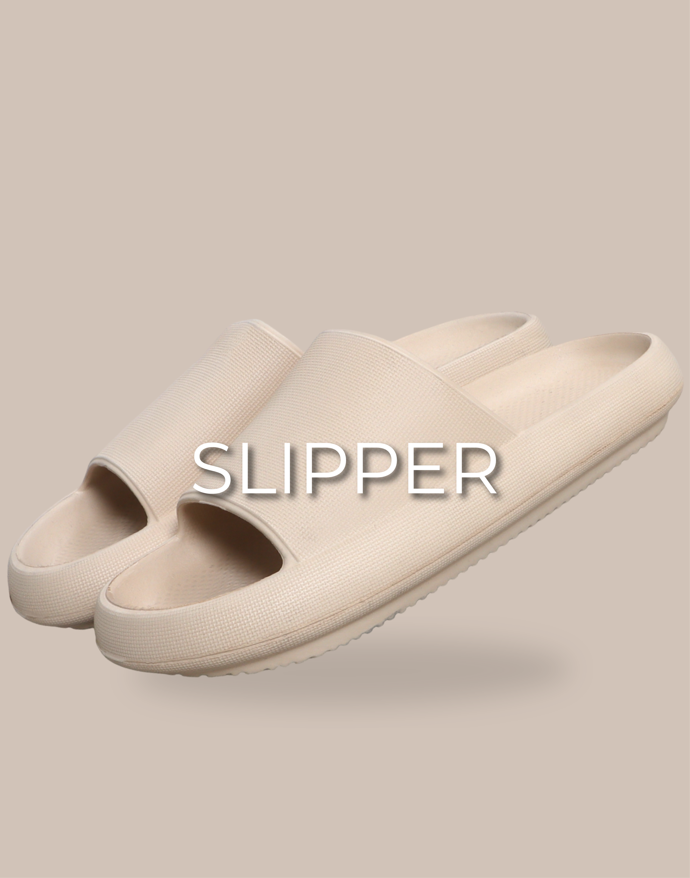 A pair of beige slippers floating and is written on the image slipper