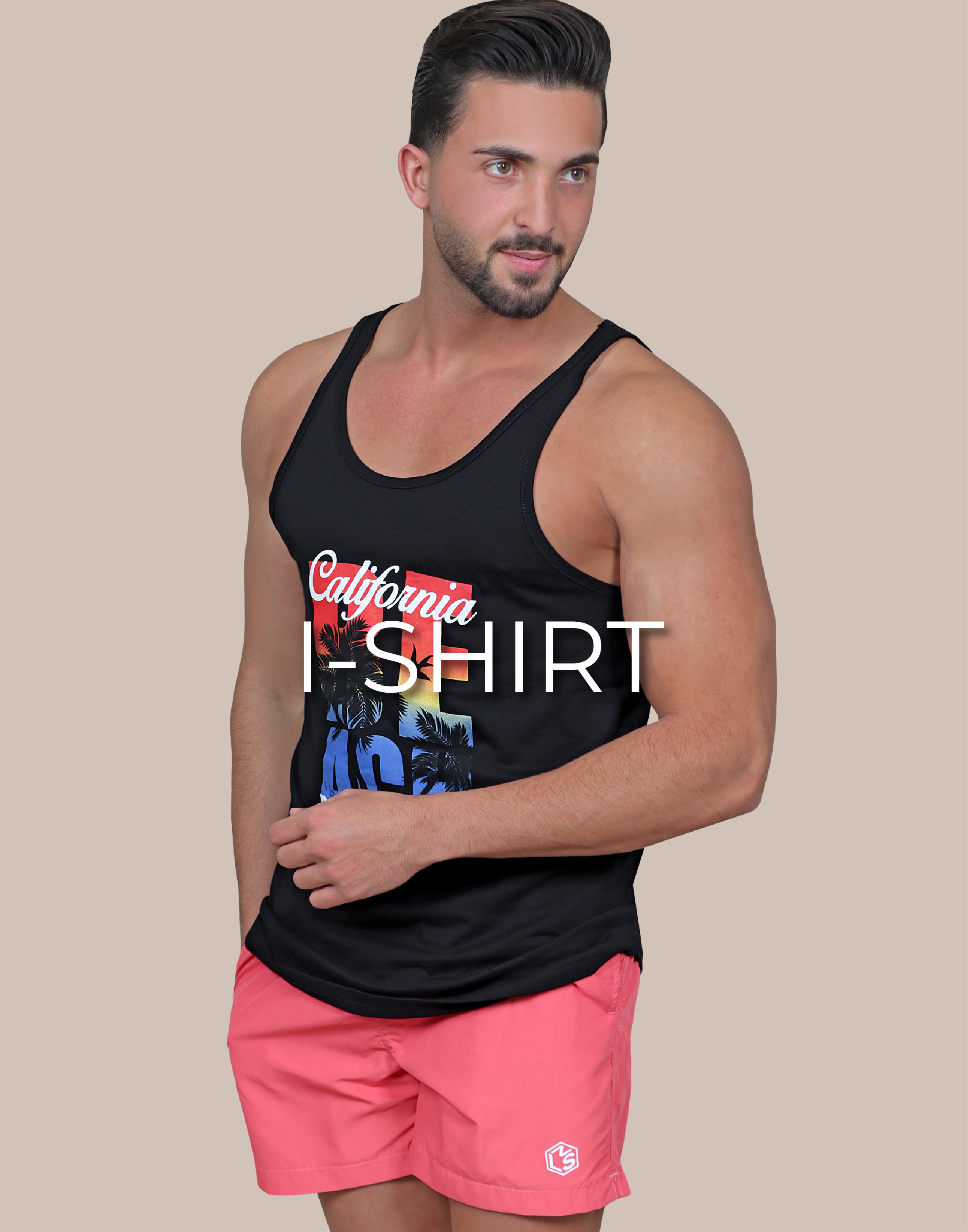 A model wearing a sleeveless shirt and a pink short and is written on the image i-shirt