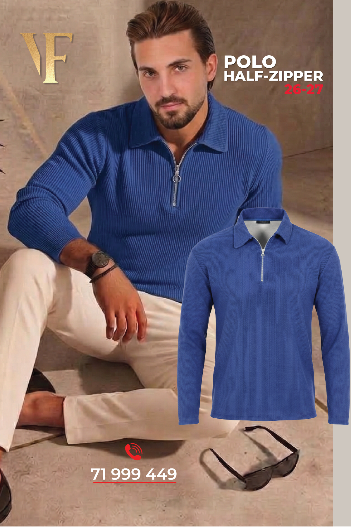 Long Sleeve Zipper Polo in Ribbed Velvet Blue