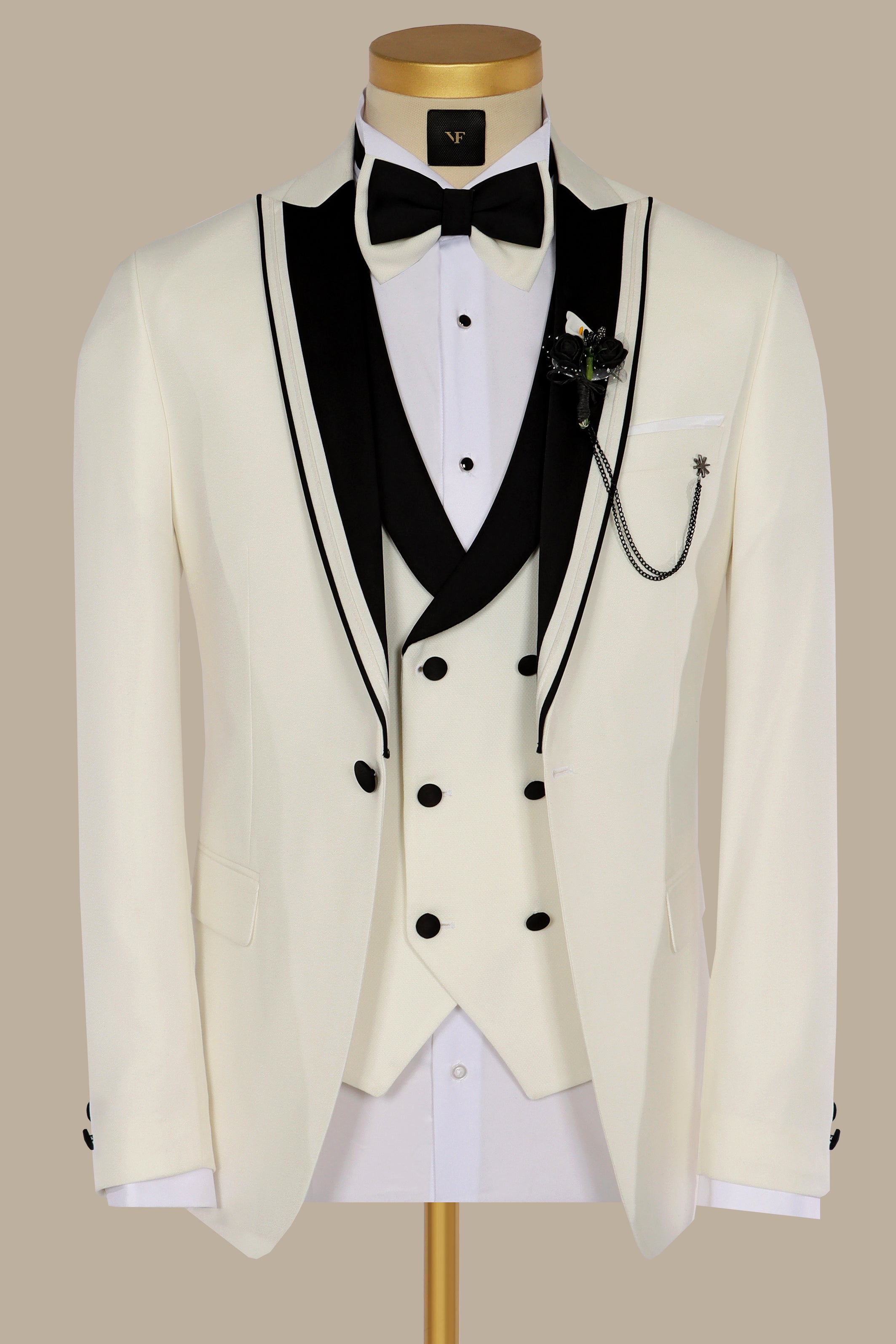 Peak Elegance: The Beige Brimé 3-Piece Tuxedo