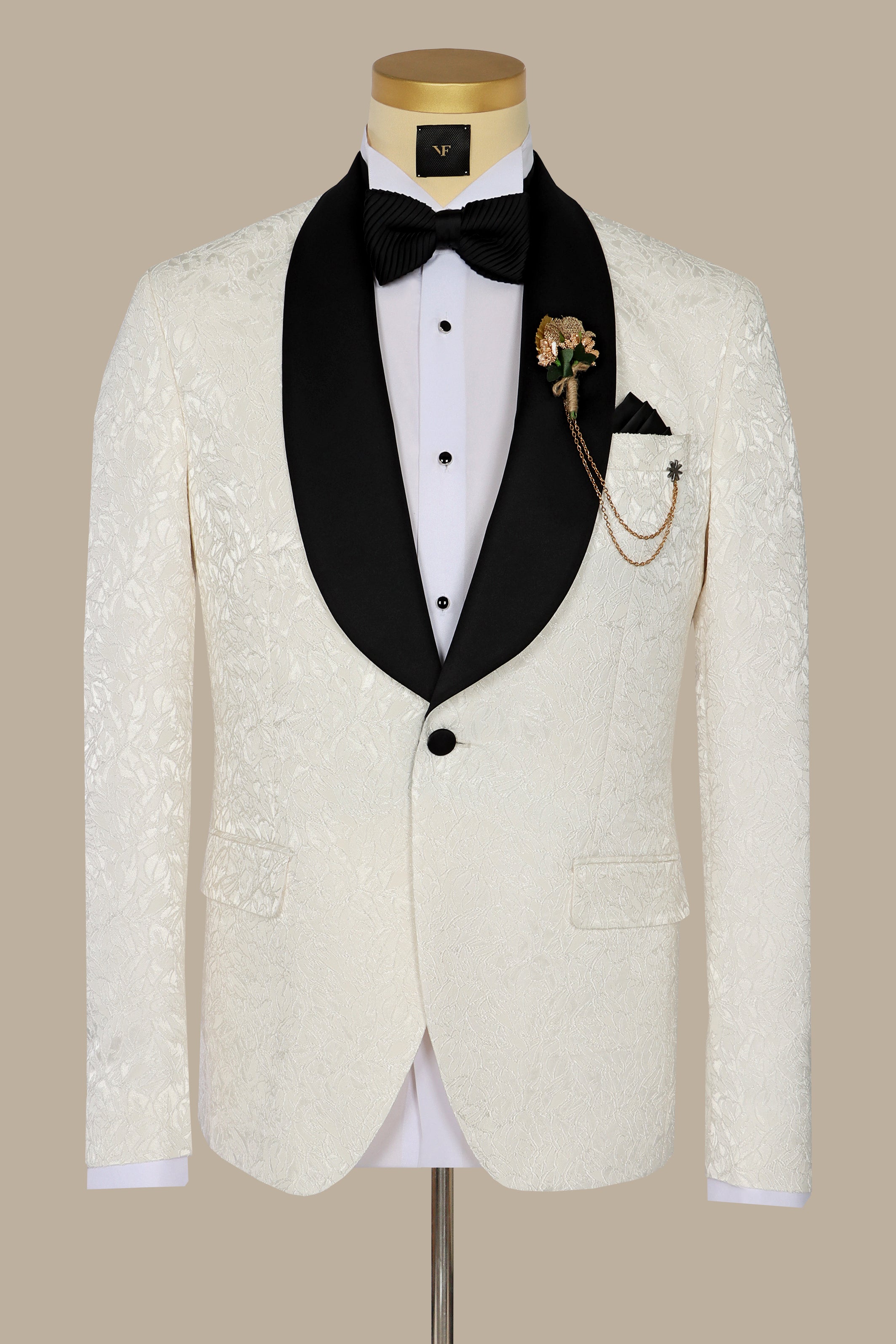 White Leaves Jacquard Shawl Collar Tuxedo