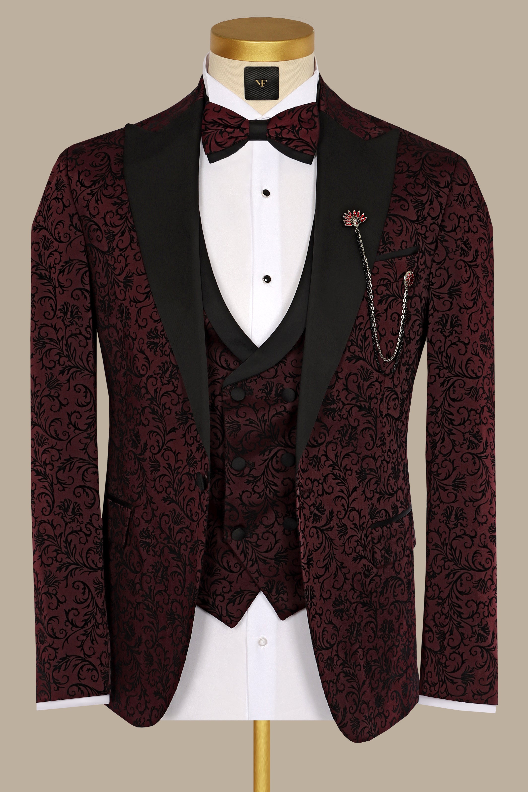 Burgundy Jacquard Leaf Tuxedo – 4 Piece Set