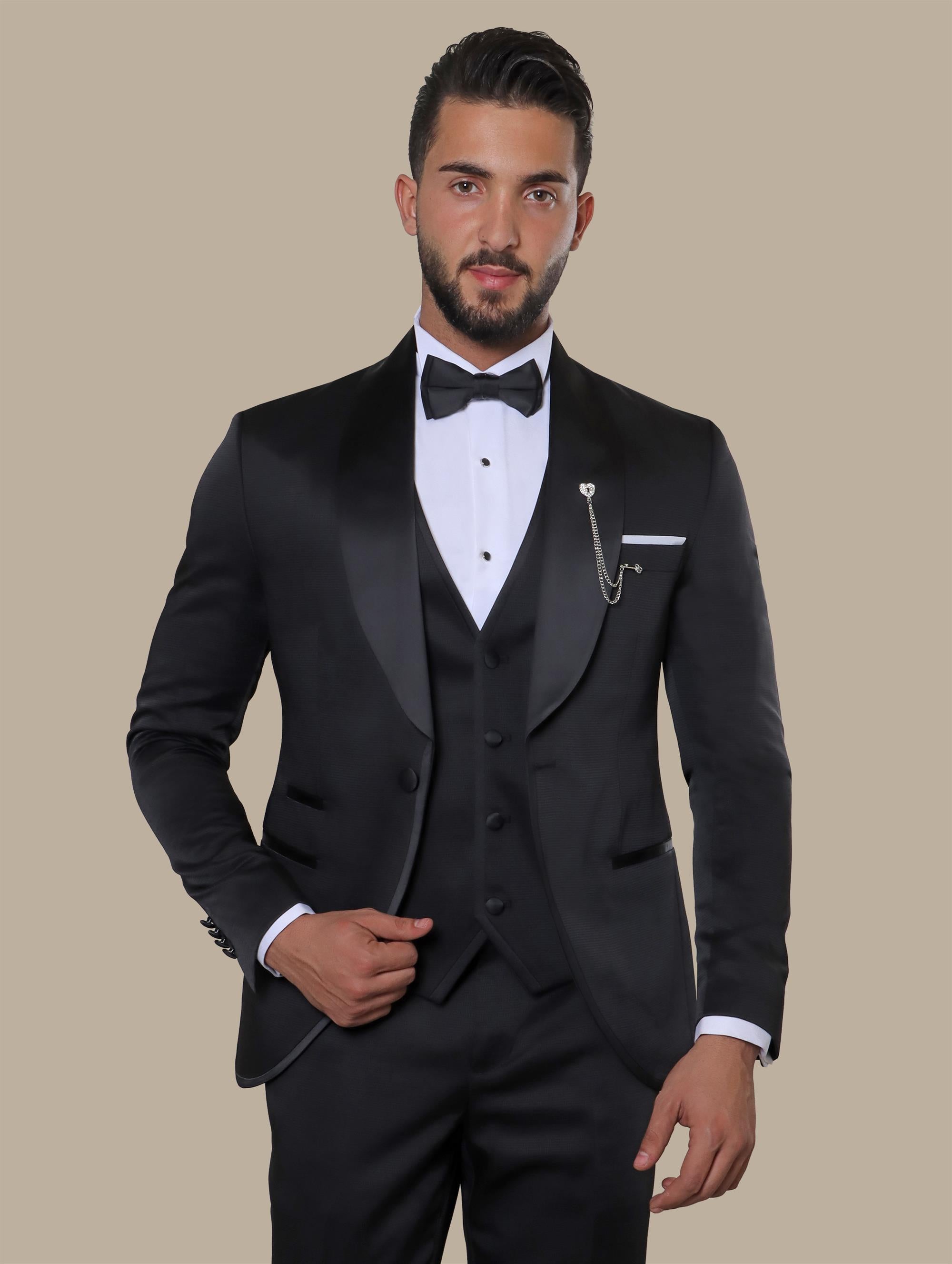 Tuxedo Pattern Wide Col Chale 4 Pcs | Black