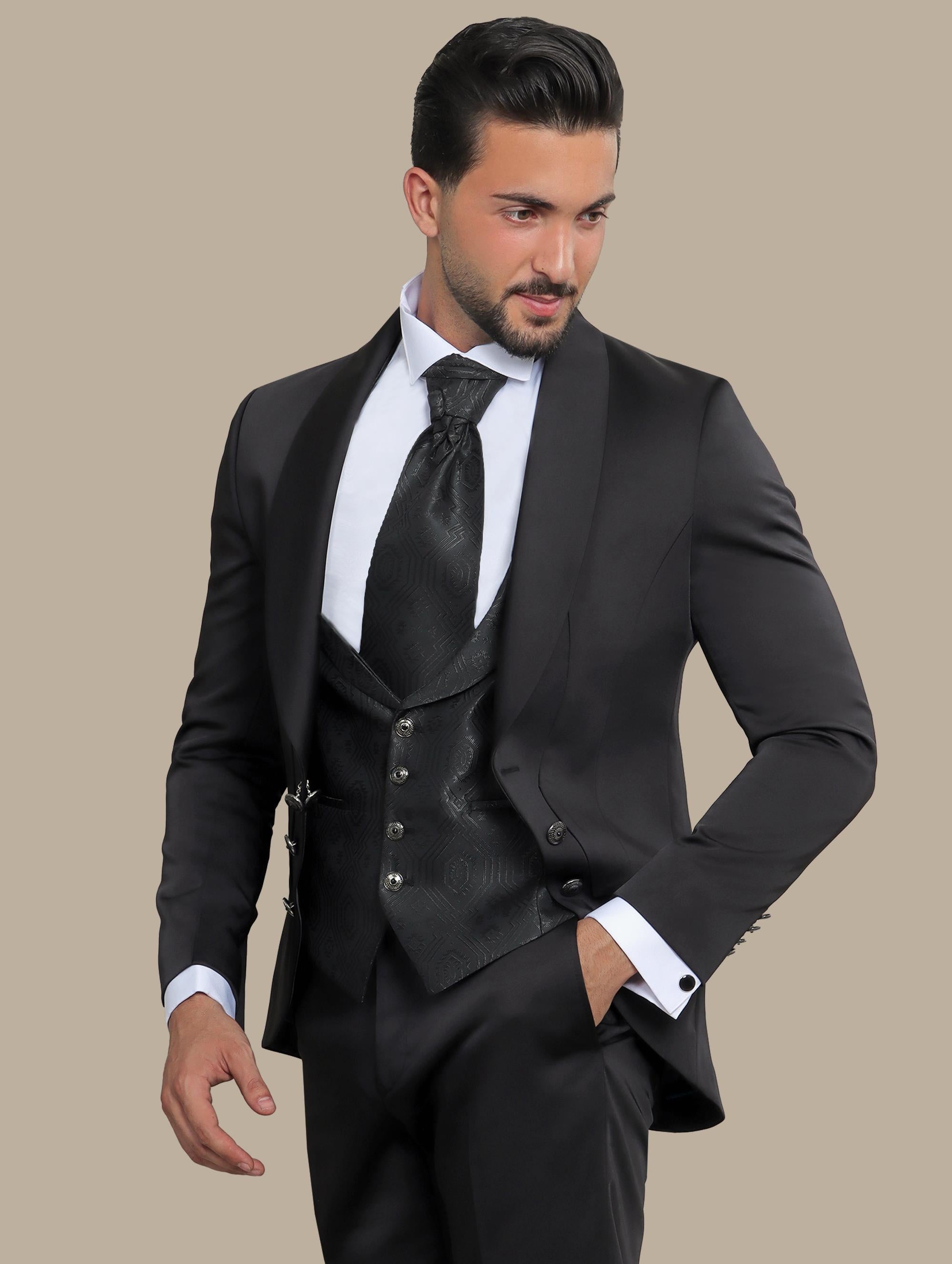 Black 4-Piece Tuxedo with Chale Collar and 6 Buttons