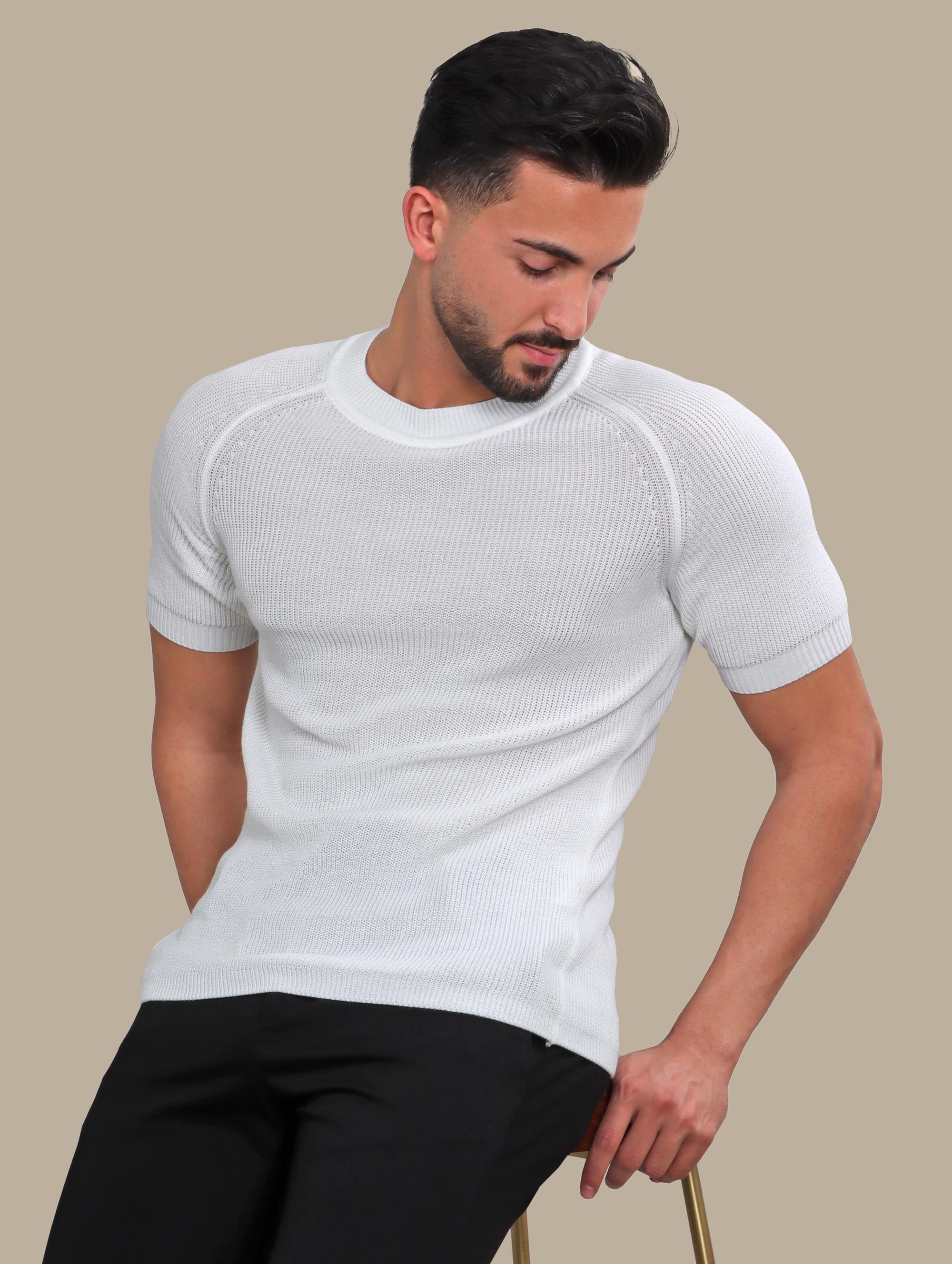 White Round Neck Knitted T-Shirt